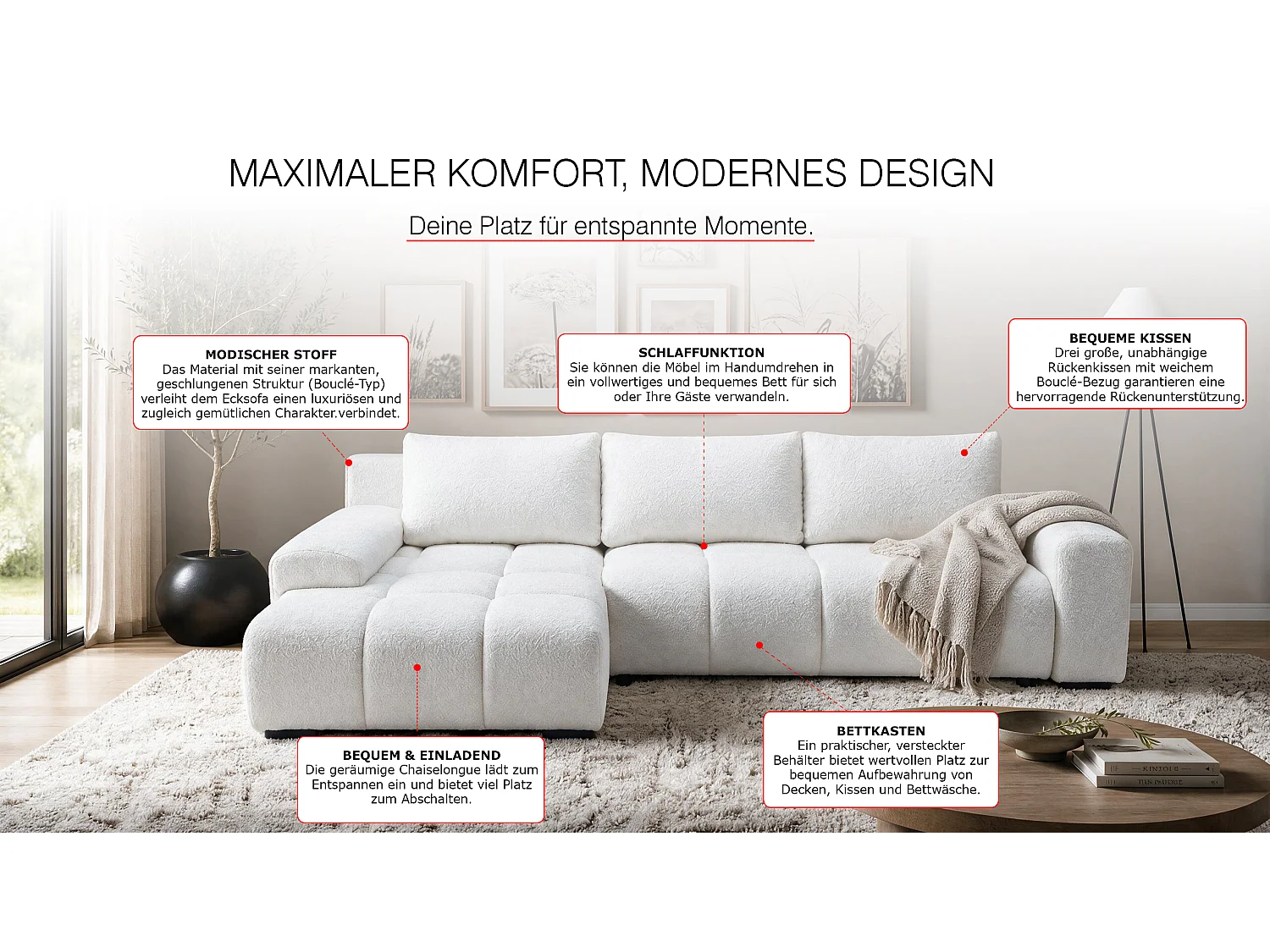ECKSOFA Ovia mit Bettkasten und Schlaffunktion, Bouclé-Stoff in L-Form