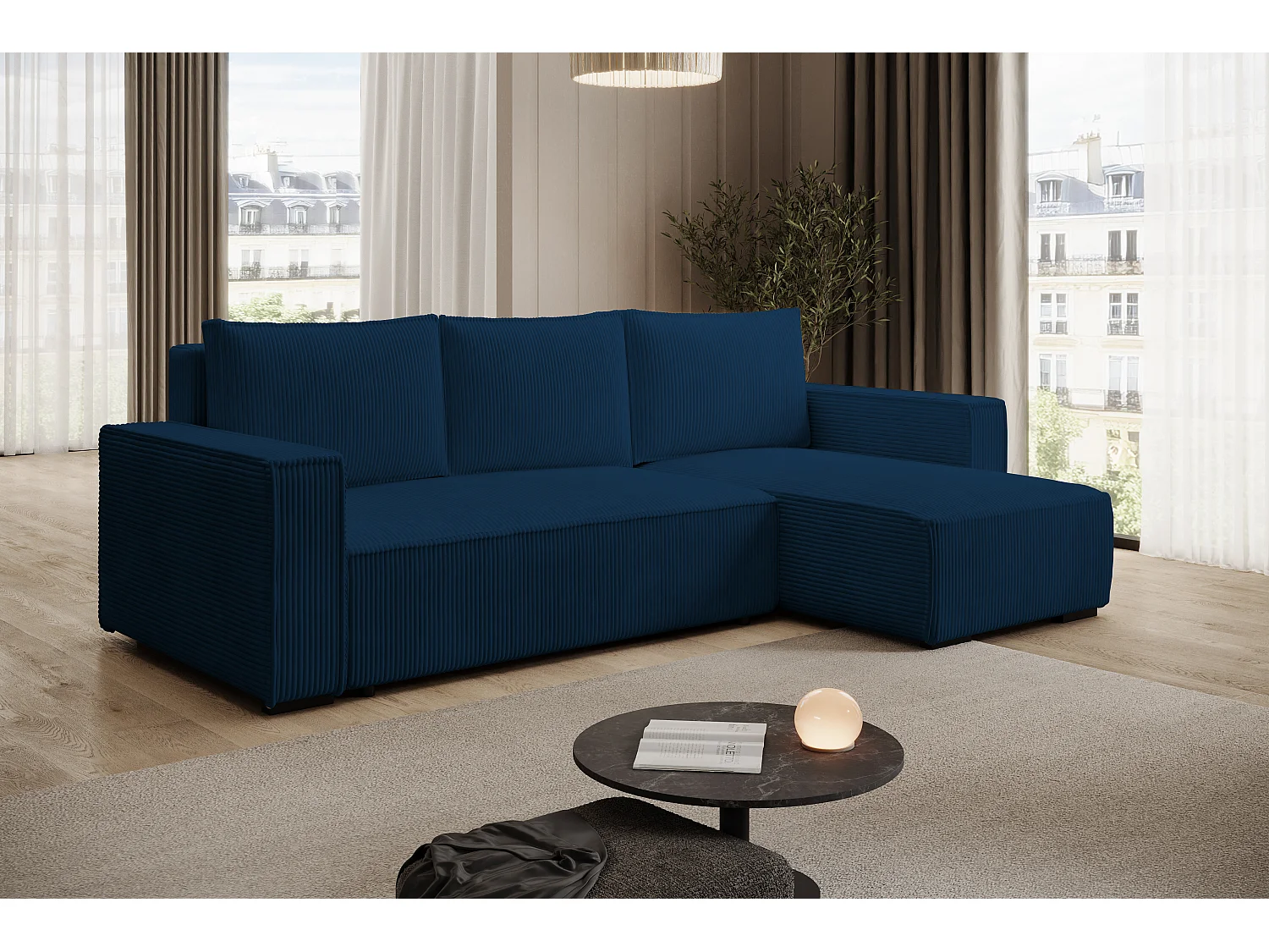 ECKSOFA CUDDY L, Eckcouch in L-Form mit Schlaffunktion und Bettkasten, Farbe: Blau, Cordstoff, Ottomane Rechts