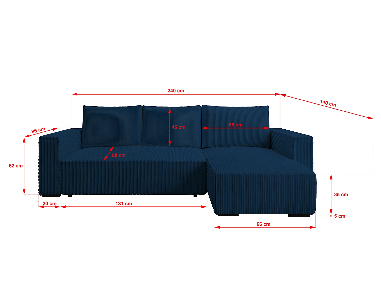 ECKSOFA CUDDY L, Eckcouch in L-Form mit Schlaffunktion und Bettkasten, Farbe: Blau, Cordstoff, Ottomane Rechts