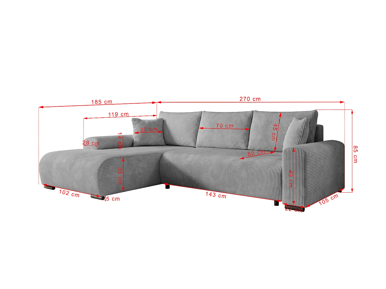 ECKSOFA Nelly mit Bettkasten und Schlaffunktion, Cordstoff in L-Form