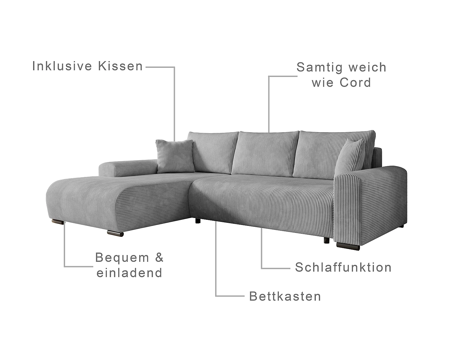ECKSOFA Nelly mit Bettkasten und Schlaffunktion, Cordstoff in L-Form