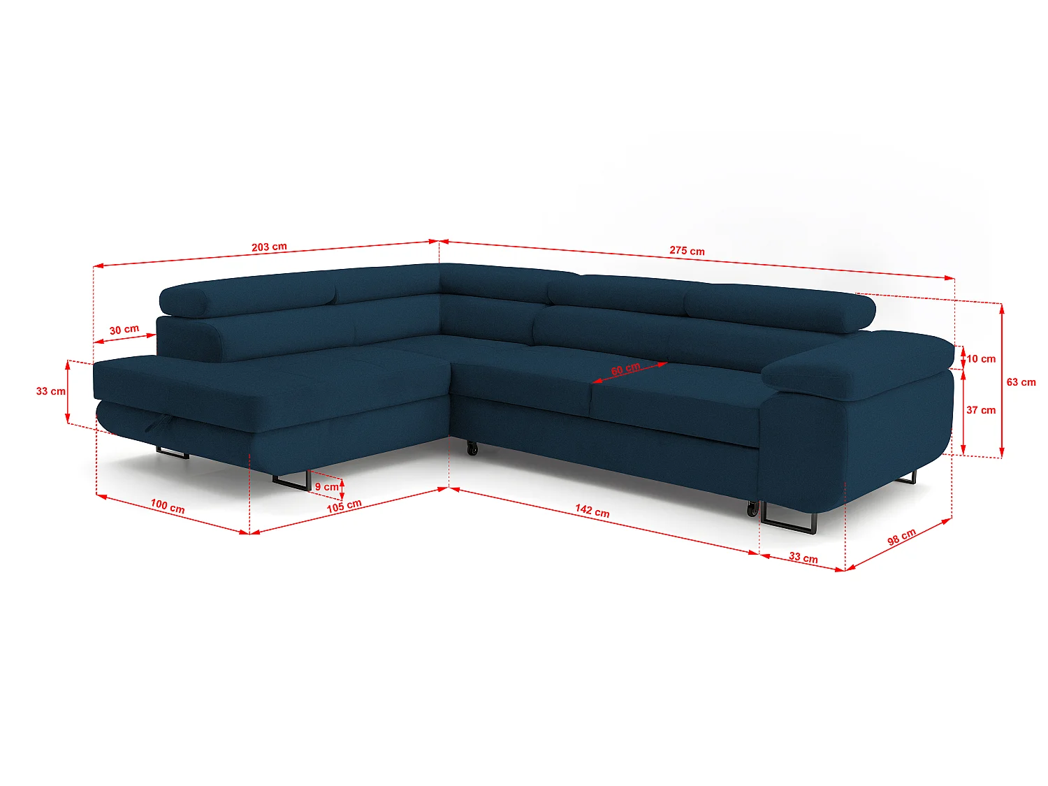 ECKSOFA Velmo mit Bettkasten und Schlaffunktion, verstellbaren Kopfstützen, in L-Form