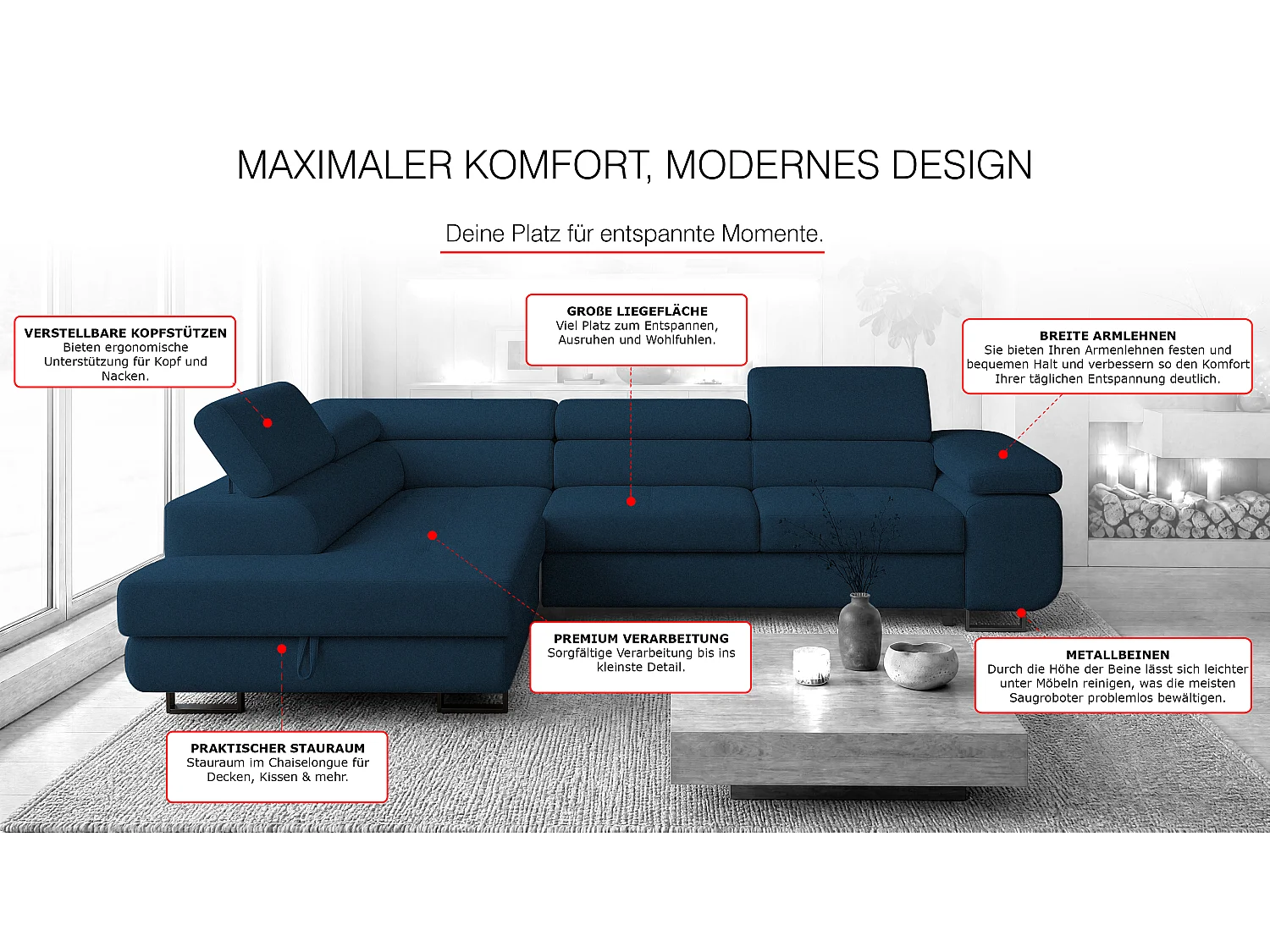 ECKSOFA Velmo mit Bettkasten und Schlaffunktion, verstellbaren Kopfstützen, in L-Form