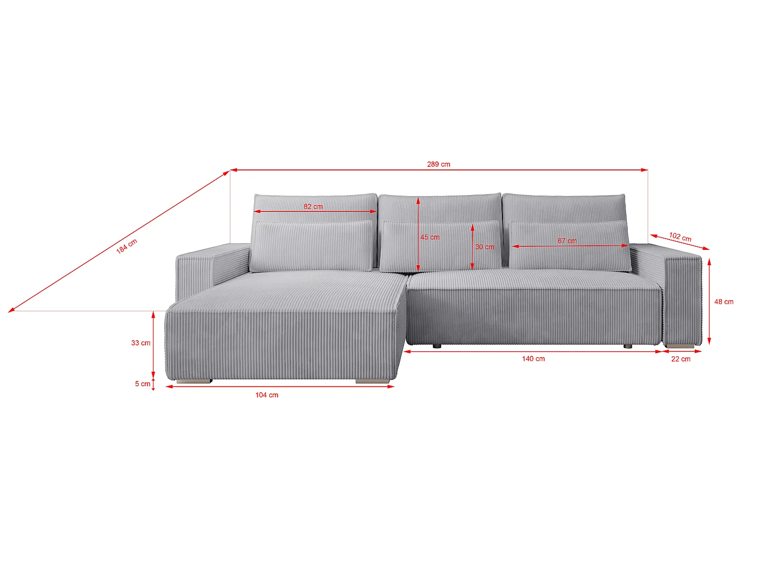 ECKSOFA Alice mit Bettkasten und Schlaffunktion, Cordstoff in L-Form