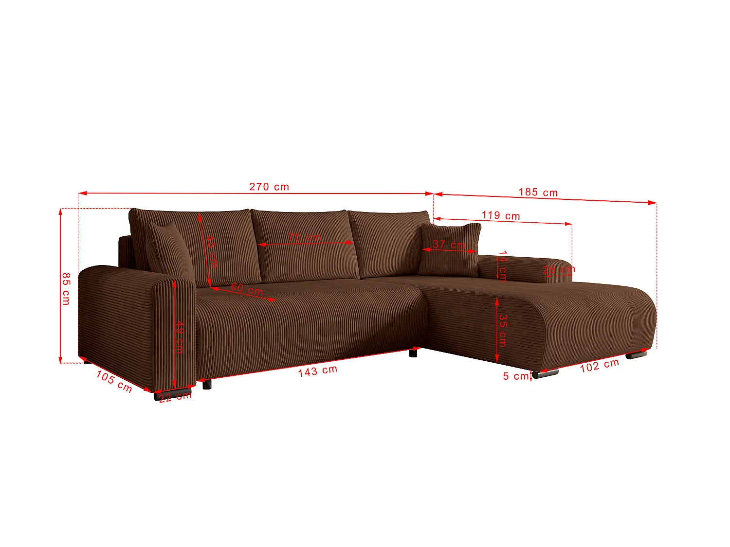 ECKSOFA Nelly mit Bettkasten und Schlaffunktion, Cordstoff in L-Form