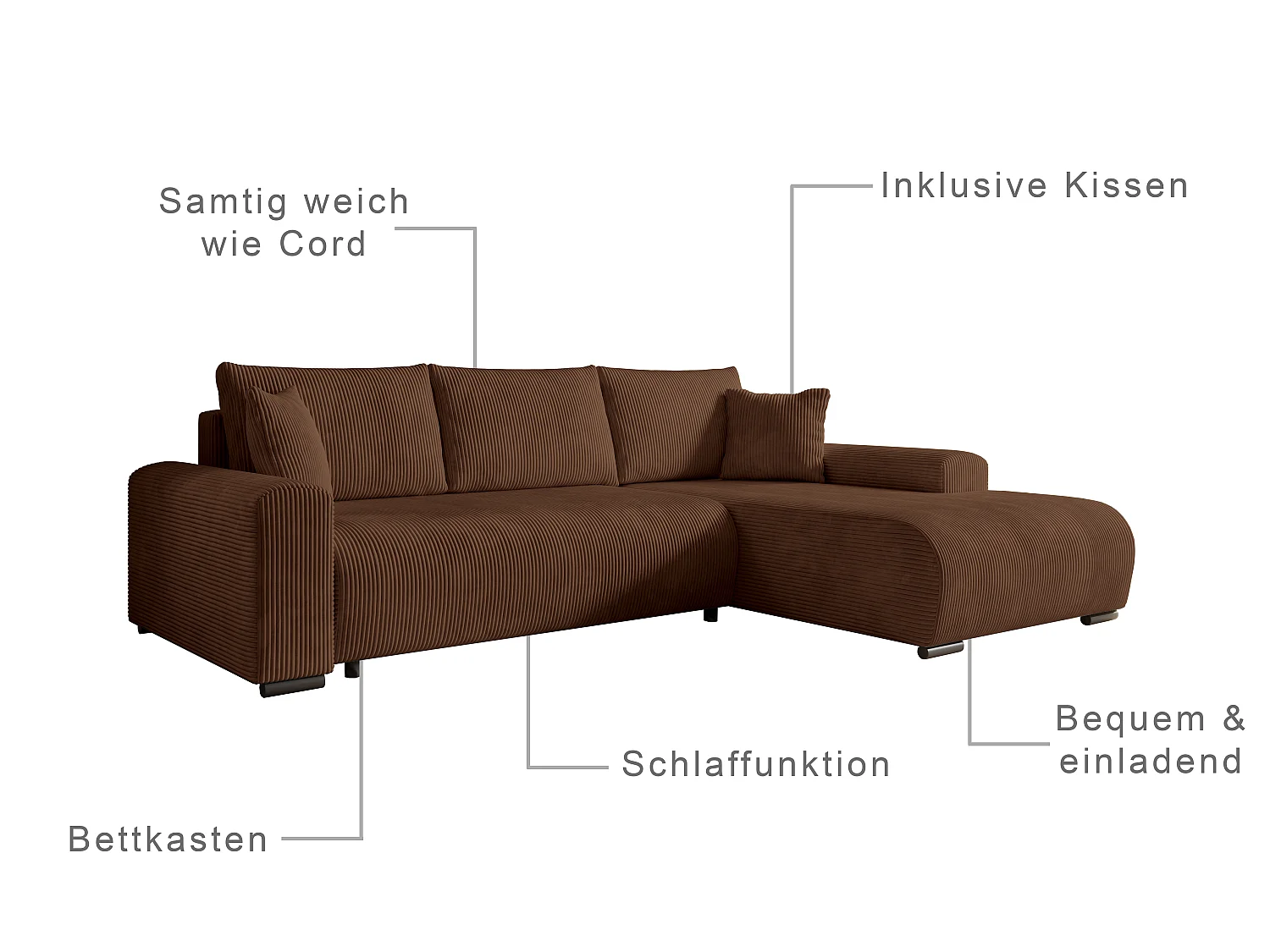 ECKSOFA Nelly mit Bettkasten und Schlaffunktion, Cordstoff in L-Form