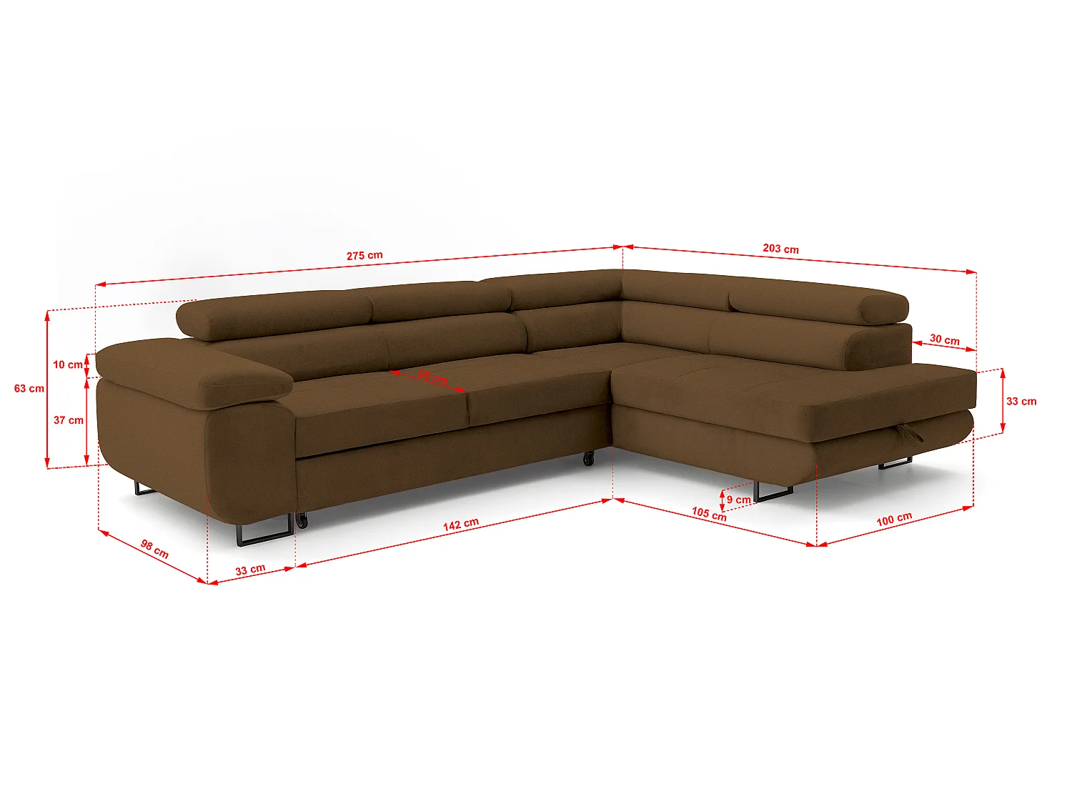 ECKSOFA Velmo mit Bettkasten und Schlaffunktion, verstellbaren Kopfstützen, in L-Form