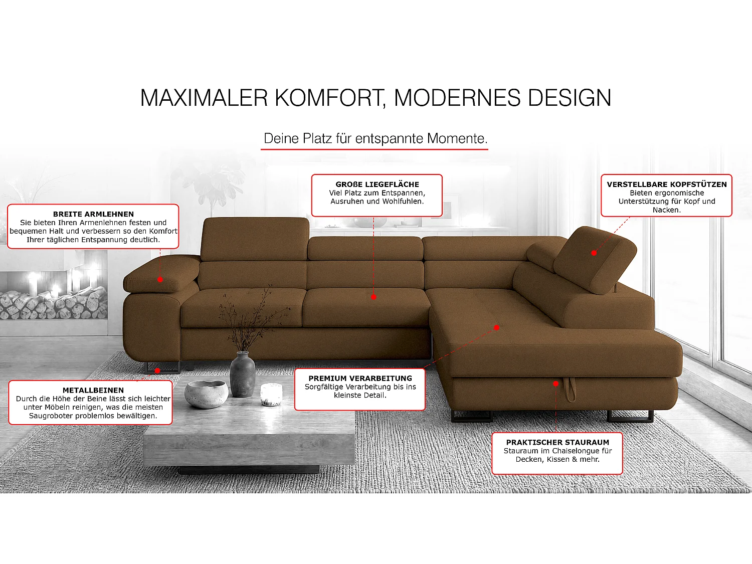 ECKSOFA Velmo mit Bettkasten und Schlaffunktion, verstellbaren Kopfstützen, in L-Form