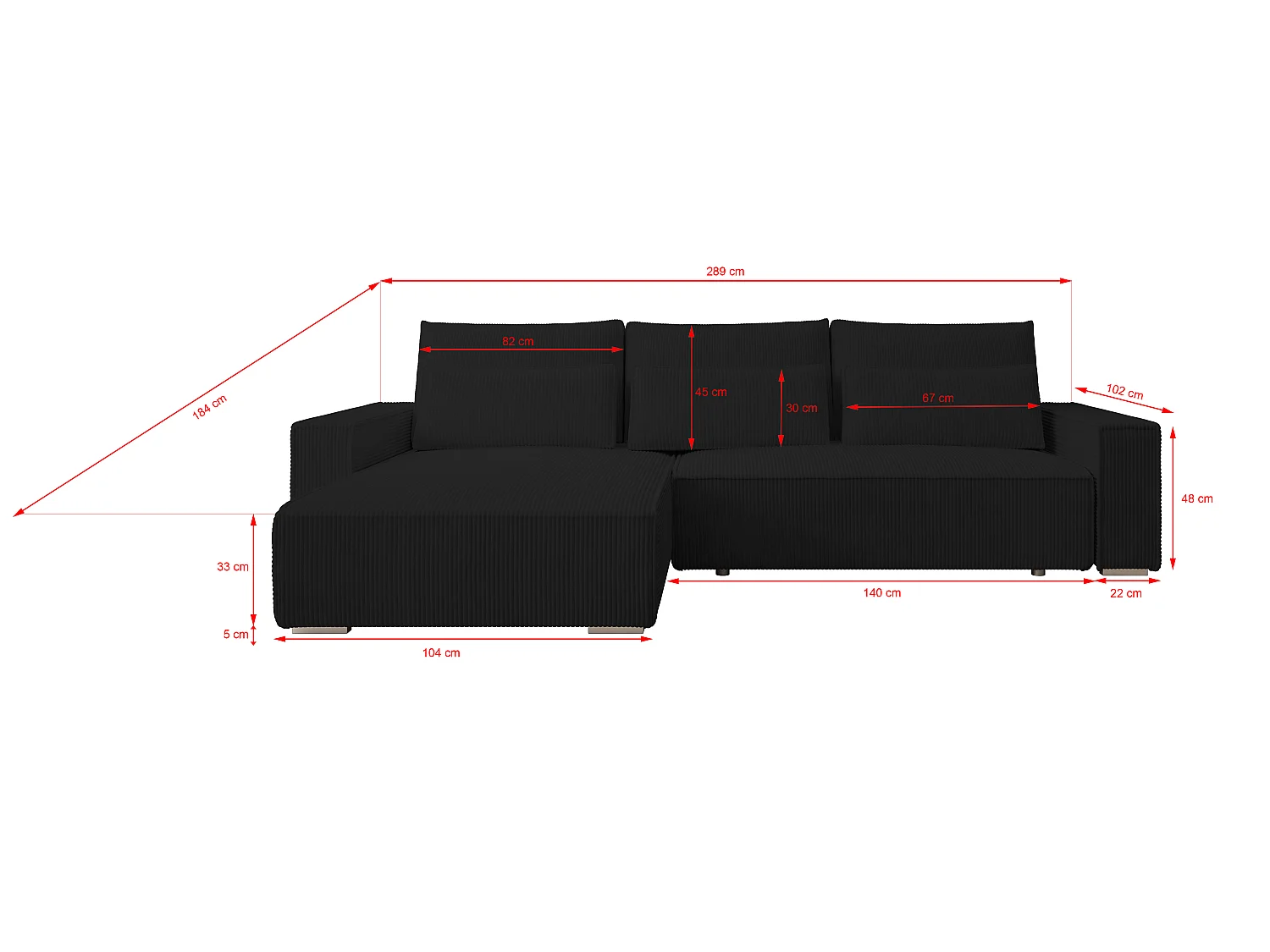 ECKSOFA Alice mit Bettkasten und Schlaffunktion, Cordstoff in L-Form