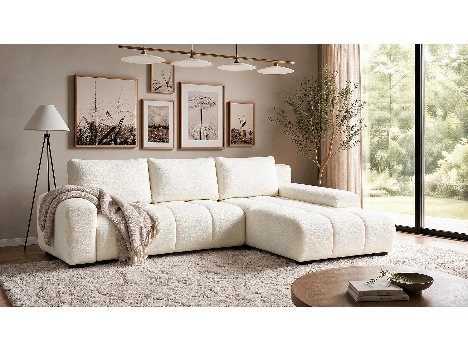 ECKSOFA Ovia mit Bettkasten und Schlaffunktion, Bouclé-Stoff in L-Form