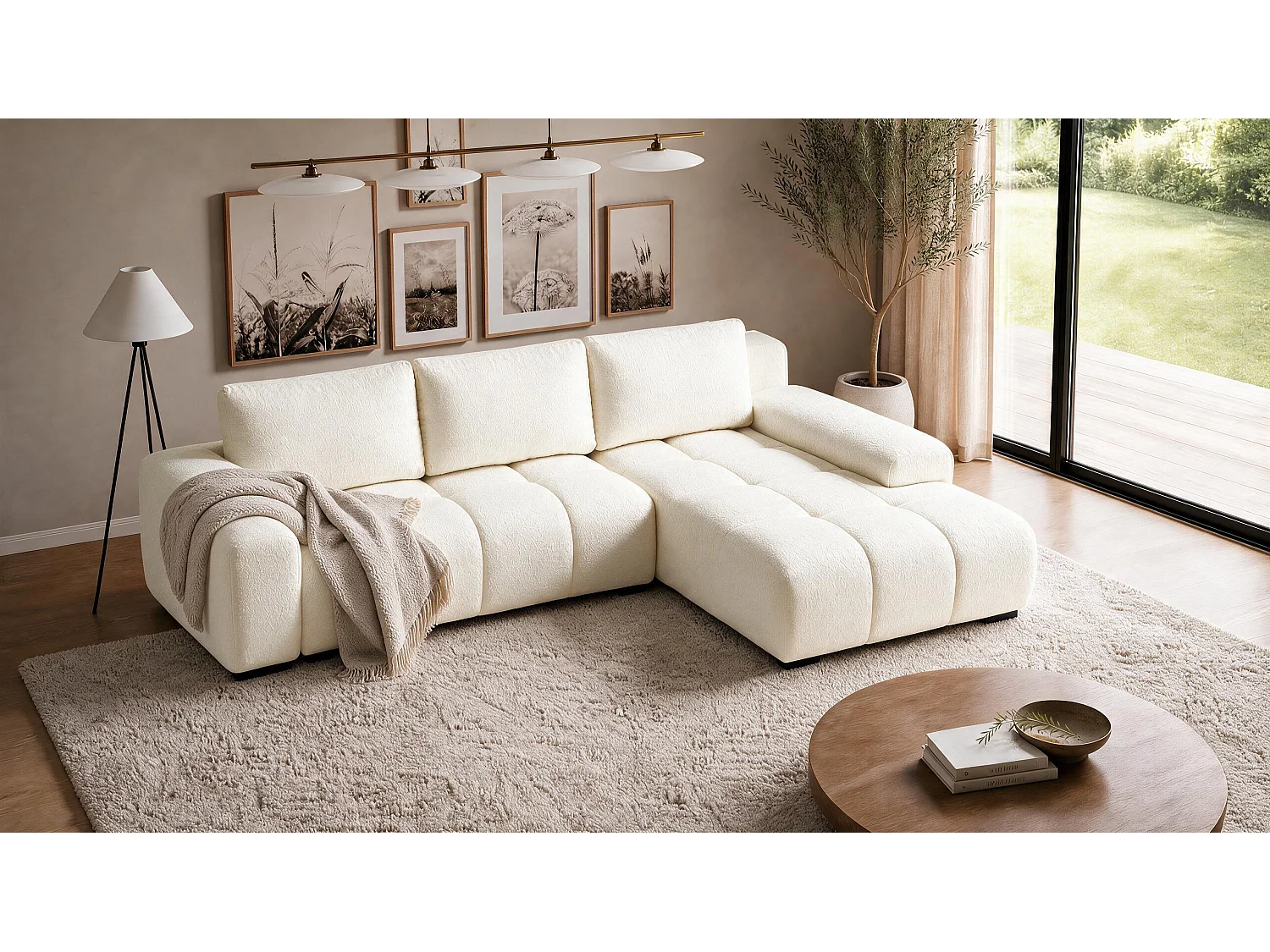 ECKSOFA Ovia mit Bettkasten und Schlaffunktion, Bouclé-Stoff in L-Form