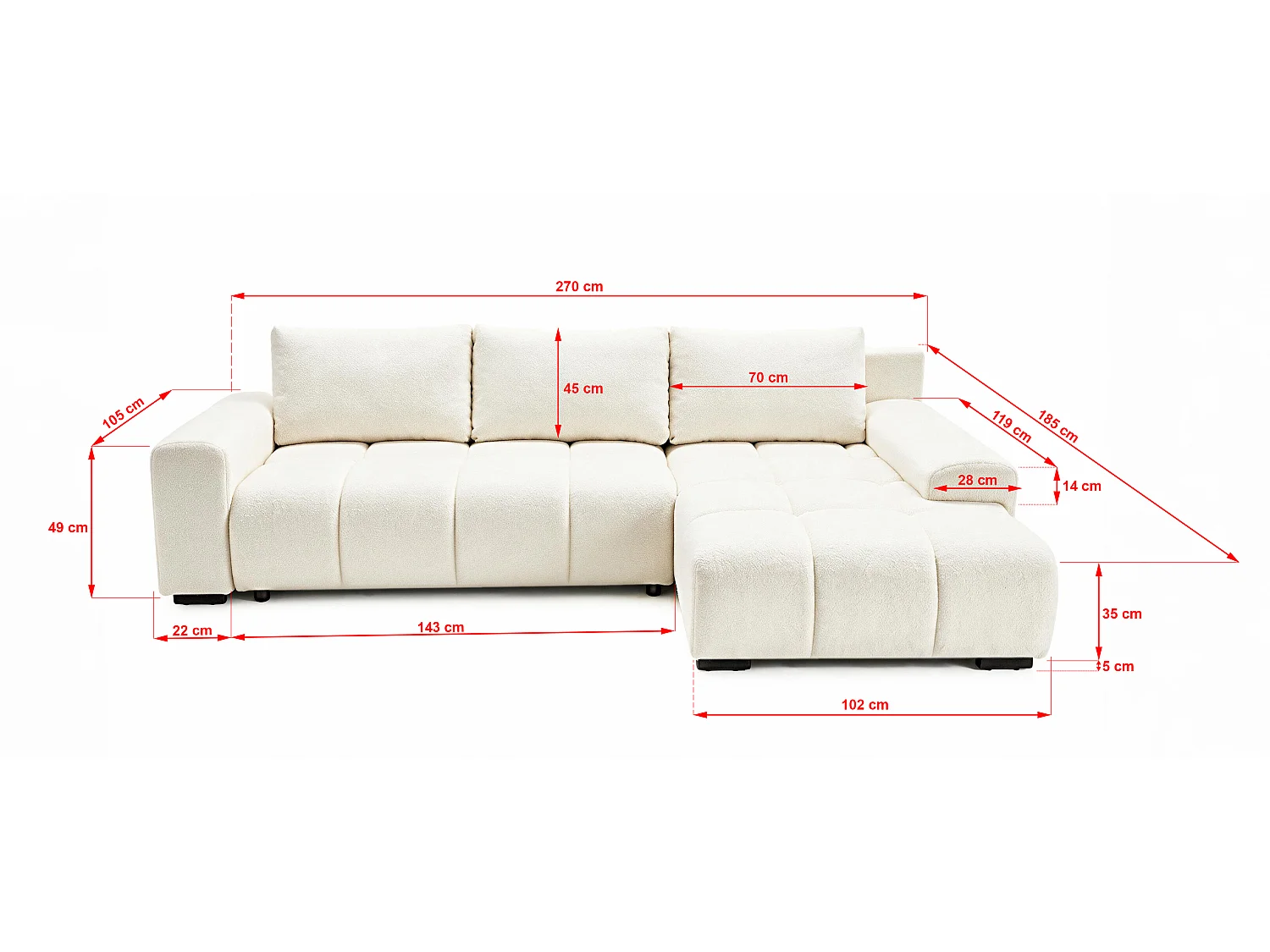 ECKSOFA Ovia mit Bettkasten und Schlaffunktion, Bouclé-Stoff in L-Form