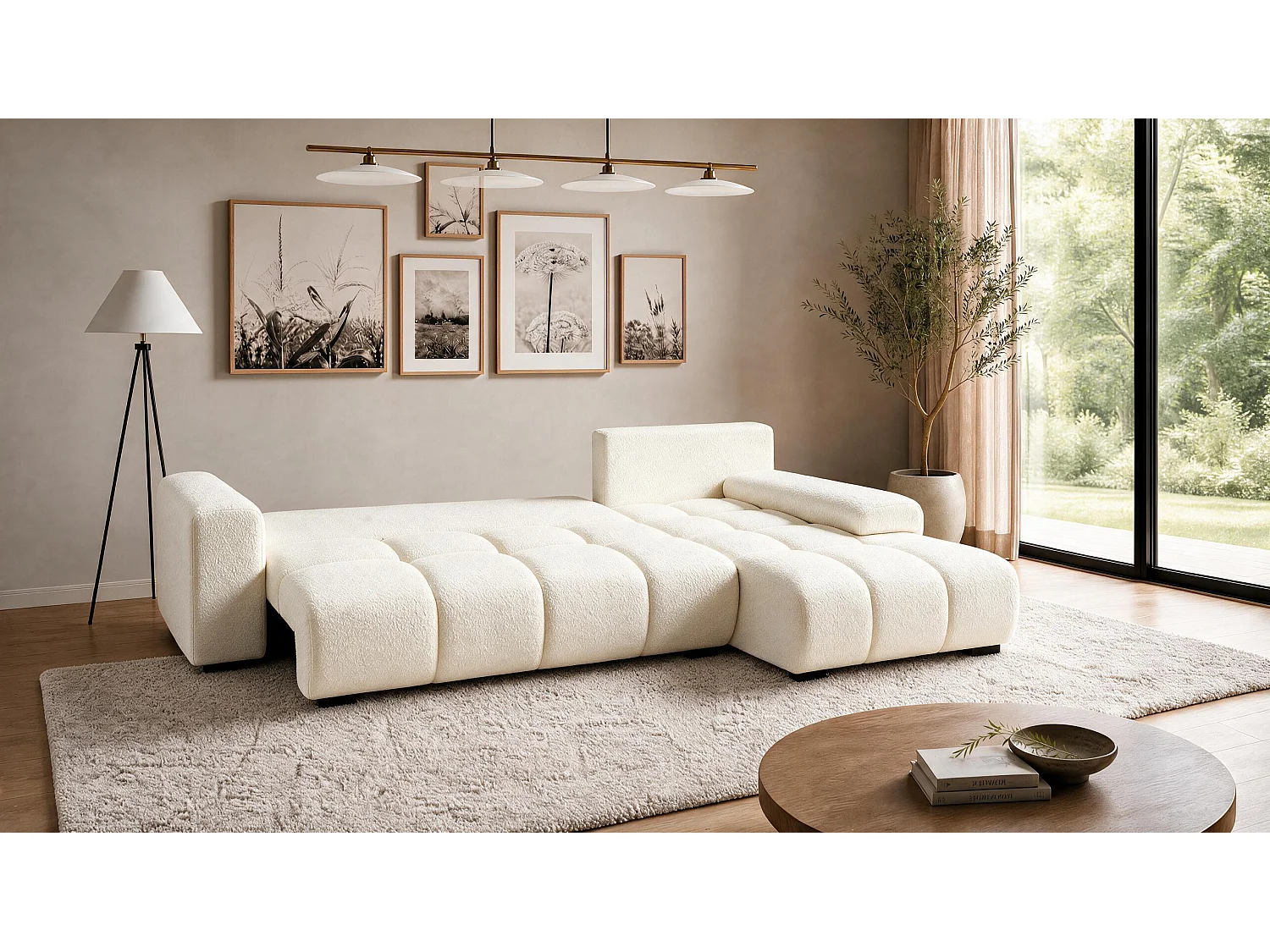 ECKSOFA Ovia mit Bettkasten und Schlaffunktion, Bouclé-Stoff in L-Form