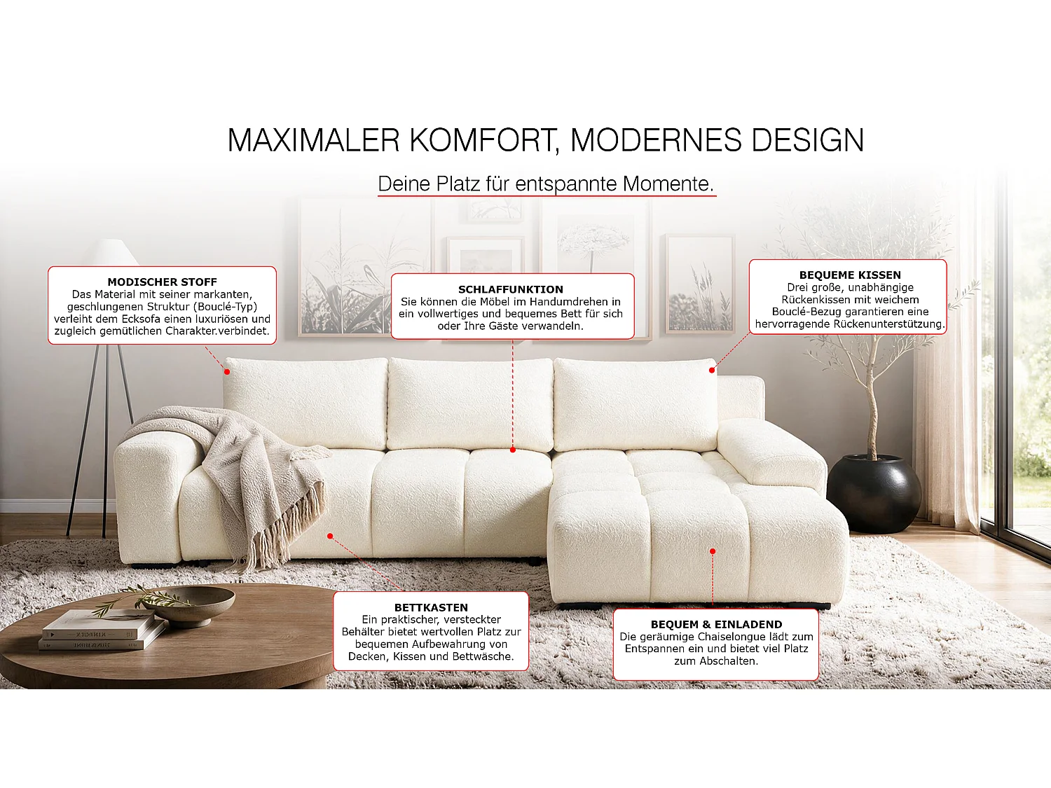 ECKSOFA Ovia mit Bettkasten und Schlaffunktion, Bouclé-Stoff in L-Form