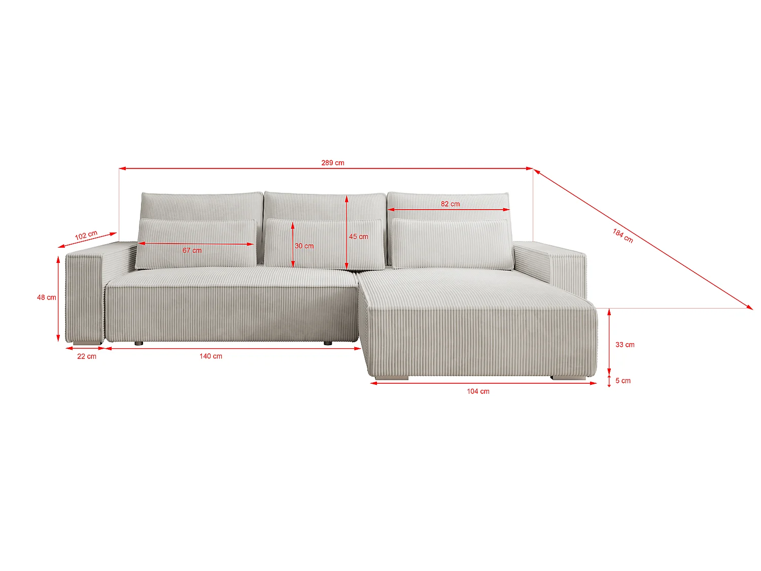 ECKSOFA Alice mit Bettkasten und Schlaffunktion, Cordstoff in L-Form
