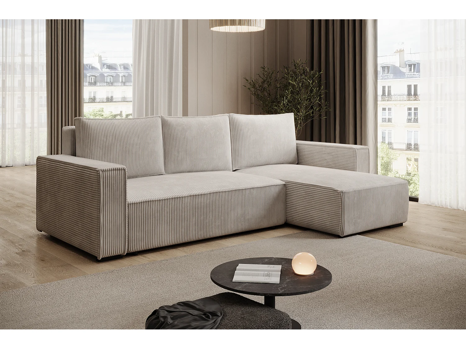 ECKSOFA CUDDY L, Eckcouch in L-Form mit Schlaffunktion und Bettkasten, Farbe: Hellgrau, Cordstoff, Ottomane Rechts