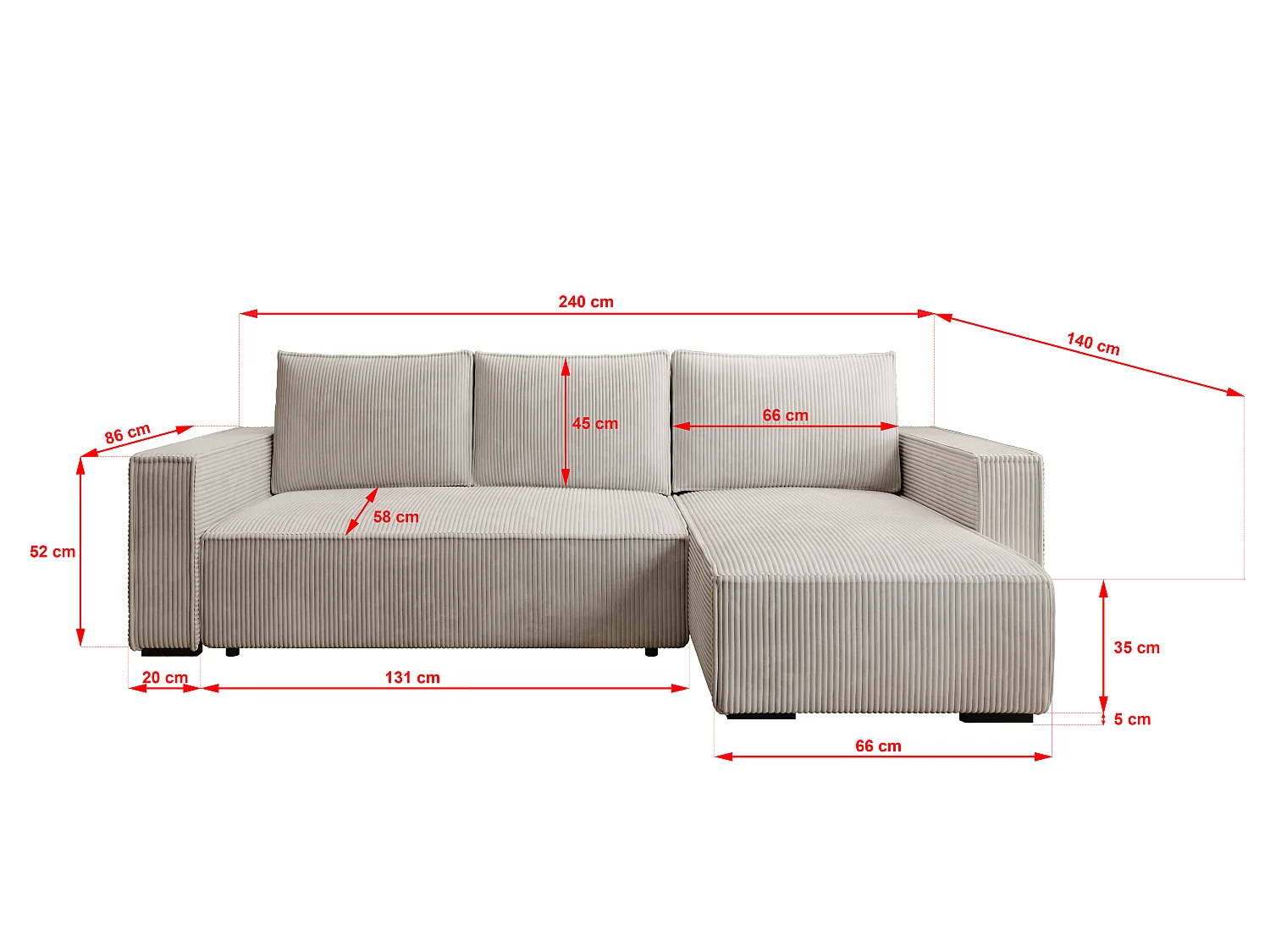 ECKSOFA CUDDY L, Eckcouch in L-Form mit Schlaffunktion und Bettkasten, Farbe: Hellgrau, Cordstoff, Ottomane Rechts