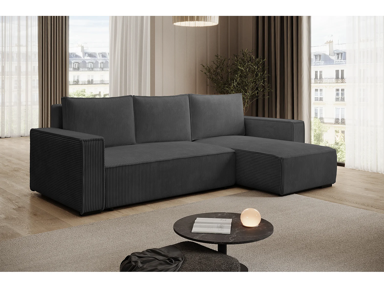 ECKSOFA CUDDY L, Eckcouch in L-Form mit Schlaffunktion und Bettkasten, Farbe: Dunkelgrau, Cordstoff, Ottomane Rechts