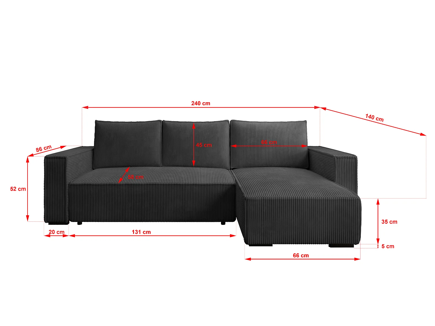 ECKSOFA CUDDY L, Eckcouch in L-Form mit Schlaffunktion und Bettkasten, Farbe: Dunkelgrau, Cordstoff, Ottomane Rechts