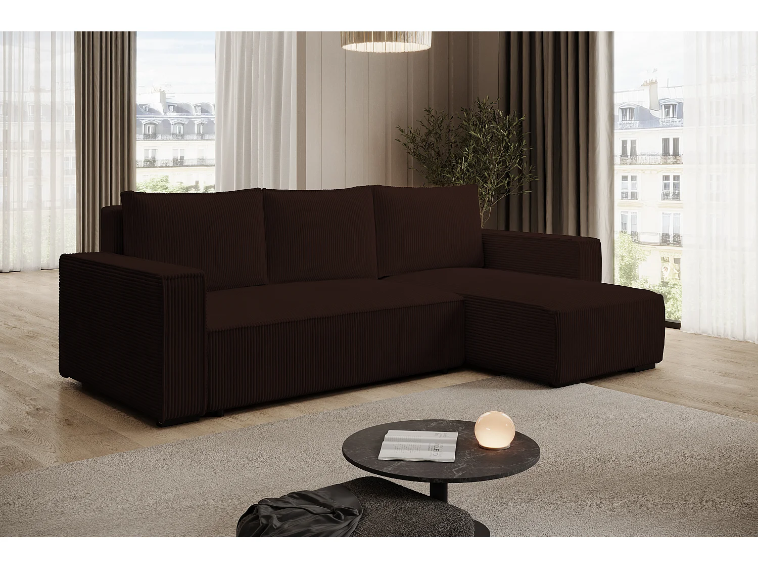 ECKSOFA CUDDY L, Eckcouch in L-Form mit Schlaffunktion und Bettkasten, Farbe: Dunkelbraun, Cordstoff, Ottomane Rechts