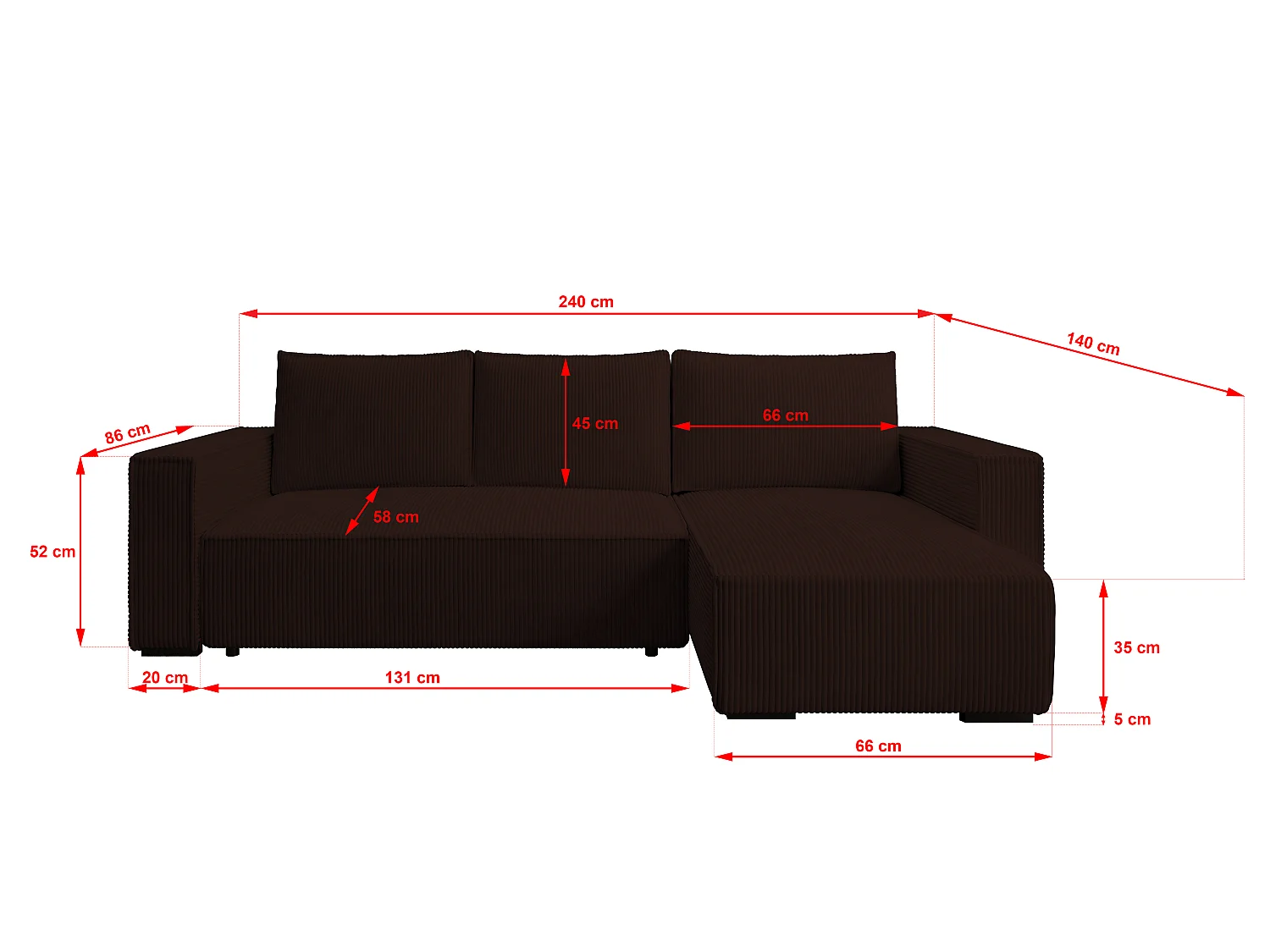 ECKSOFA CUDDY L, Eckcouch in L-Form mit Schlaffunktion und Bettkasten, Farbe: Dunkelbraun, Cordstoff, Ottomane Rechts