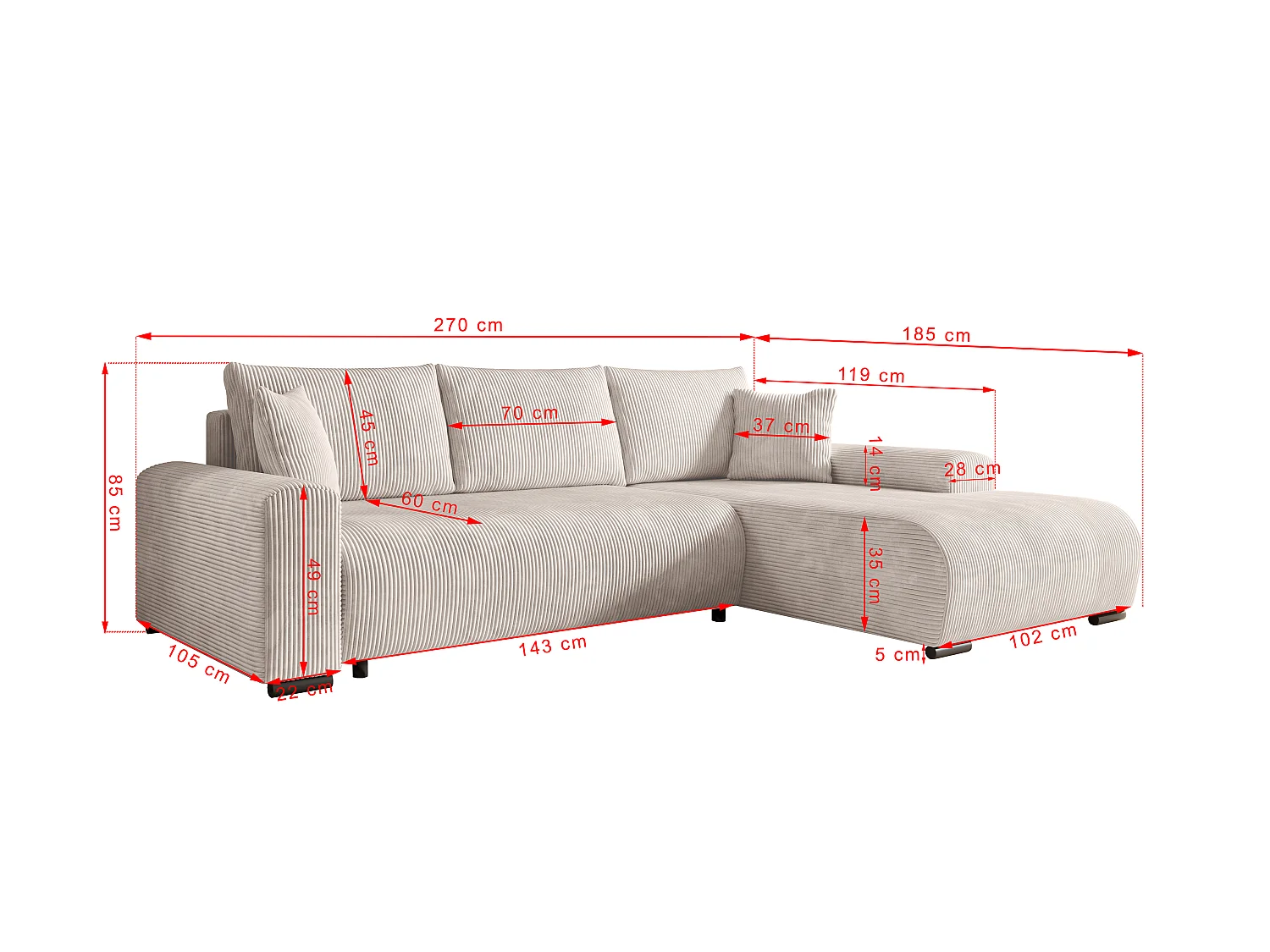ECKSOFA Nelly mit Bettkasten und Schlaffunktion, Cordstoff in L-Form