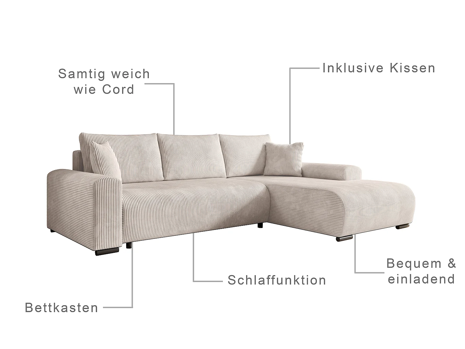 ECKSOFA Nelly mit Bettkasten und Schlaffunktion, Cordstoff in L-Form