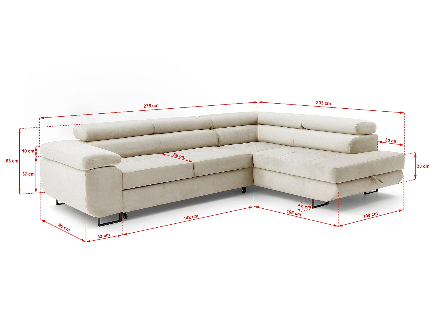 ECKSOFA Velmo mit Bettkasten und Schlaffunktion, verstellbaren Kopfstützen, in L-Form