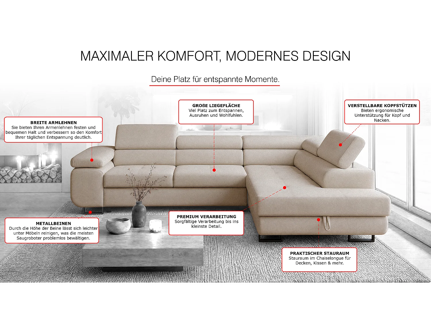 ECKSOFA Velmo mit Bettkasten und Schlaffunktion, verstellbaren Kopfstützen, in L-Form