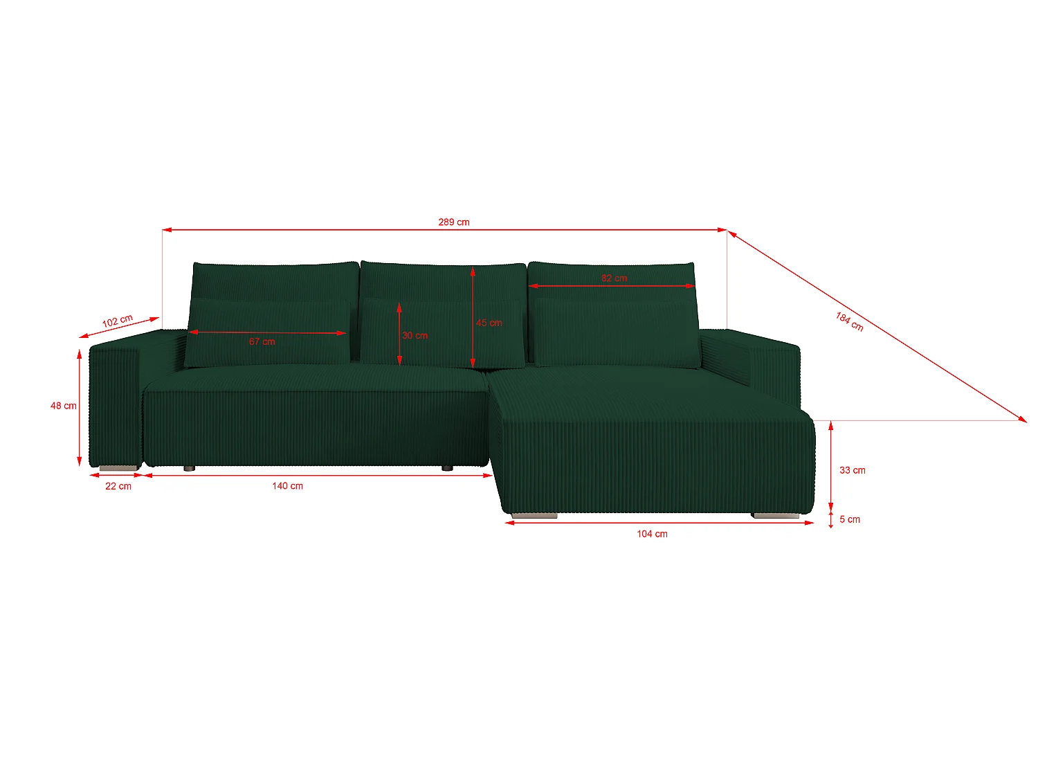 ECKSOFA Alice mit Bettkasten und Schlaffunktion, Cordstoff in L-Form