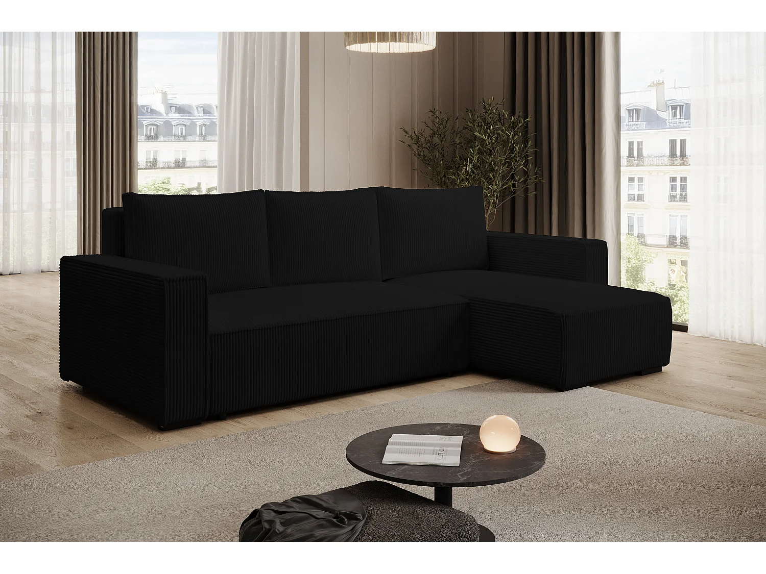 ECKSOFA CUDDY L, Eckcouch in L-Form mit Schlaffunktion und Bettkasten, Farbe: Schwarz, Cordstoff, Ottomane Rechts