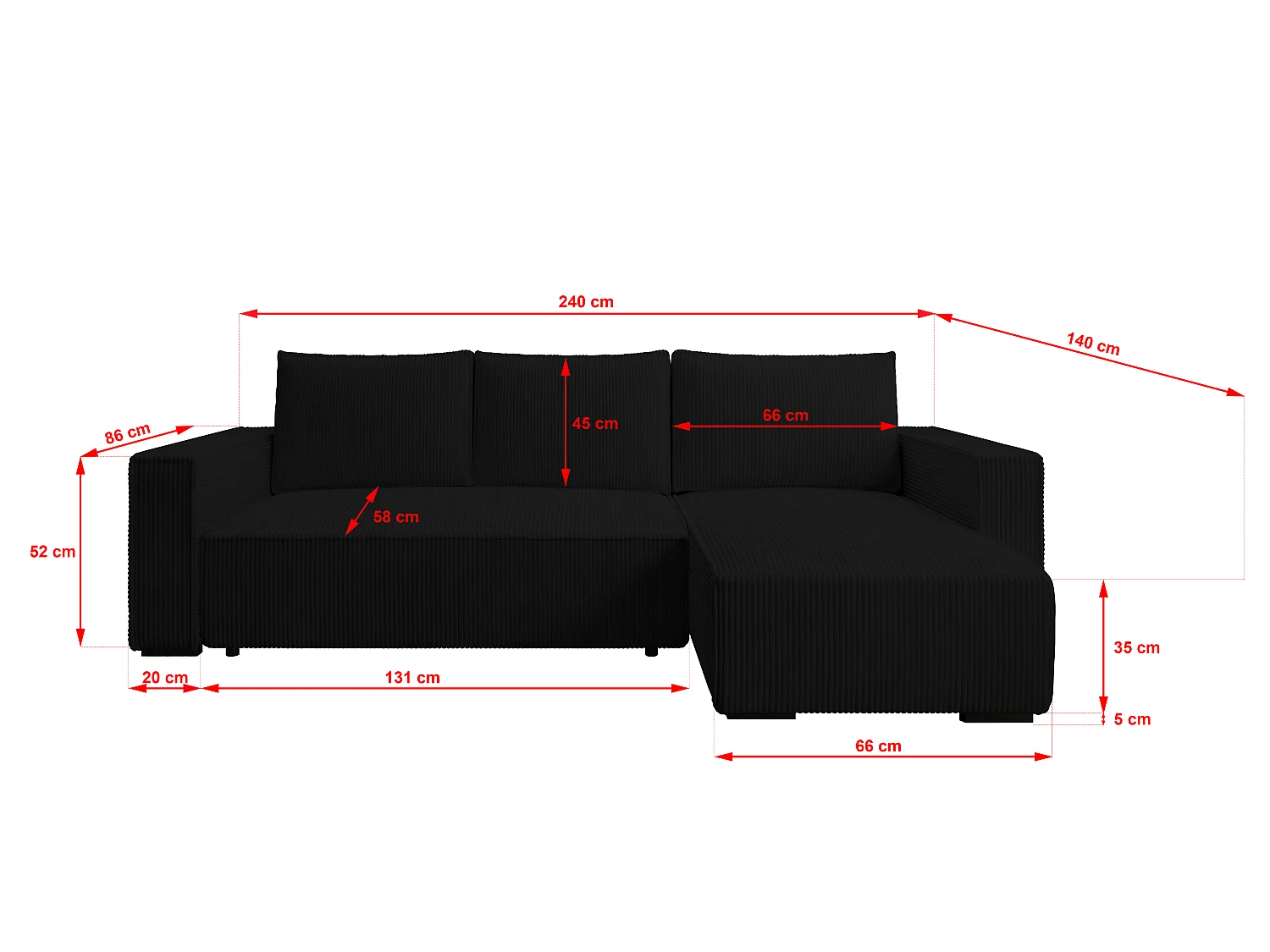 ECKSOFA CUDDY L, Eckcouch in L-Form mit Schlaffunktion und Bettkasten, Farbe: Schwarz, Cordstoff, Ottomane Rechts