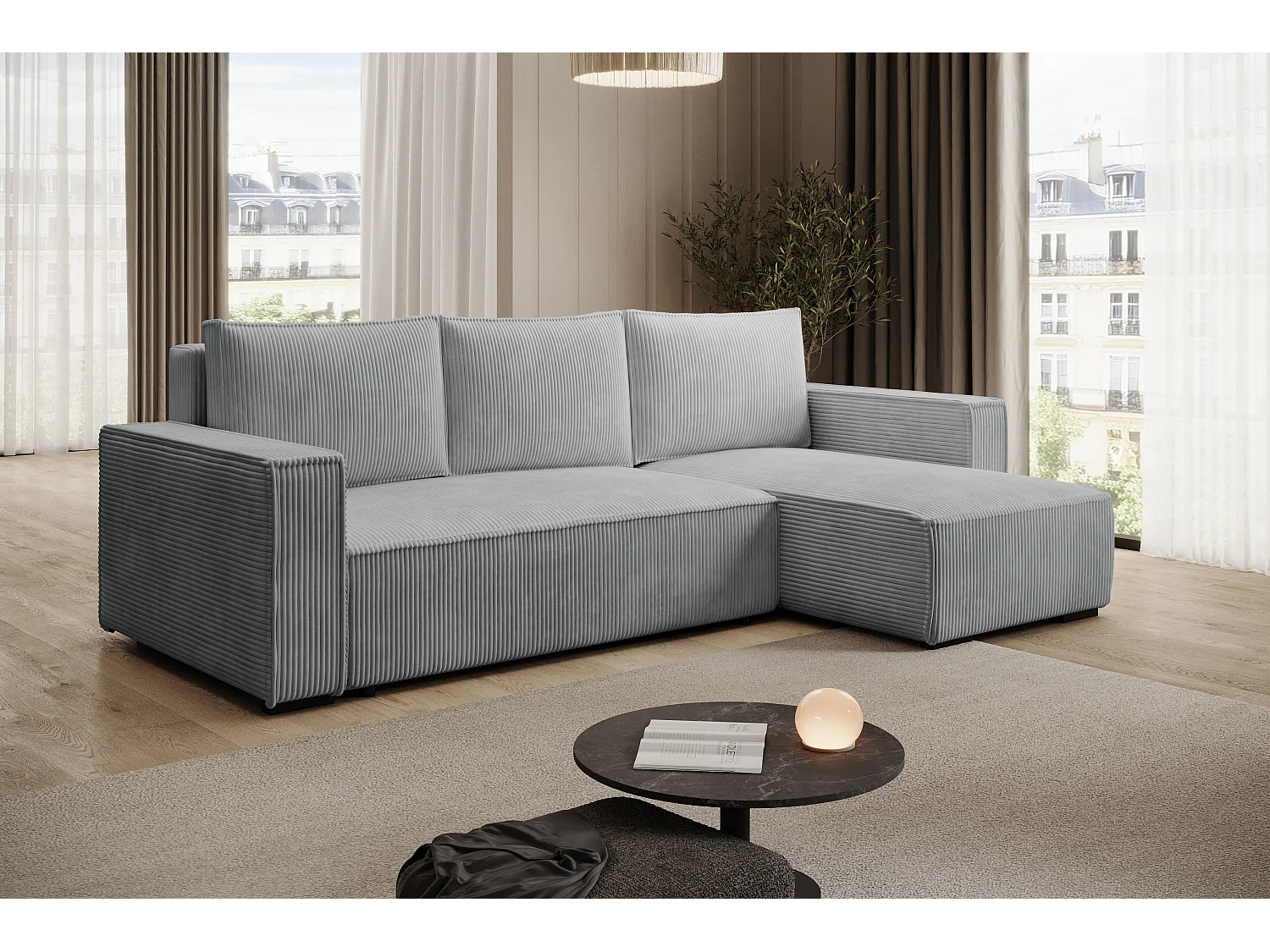 ECKSOFA CUDDY L, Eckcouch in L-Form mit Schlaffunktion und Bettkasten, Farbe: Grau, Cordstoff, Ottomane Rechts