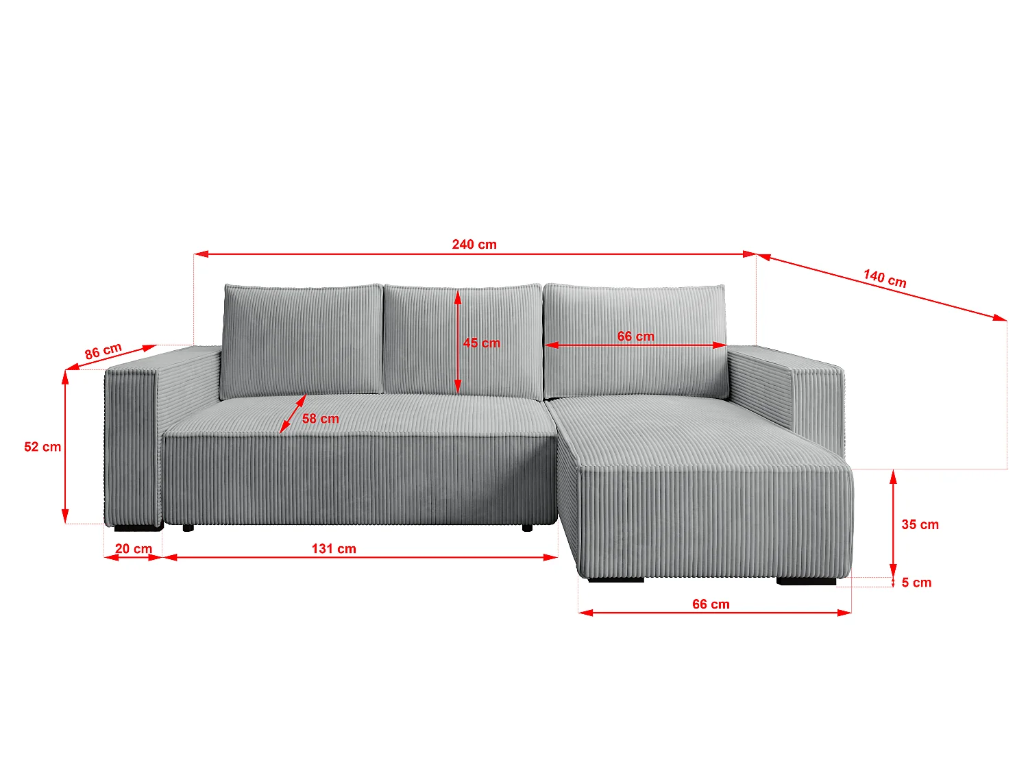 ECKSOFA CUDDY L, Eckcouch in L-Form mit Schlaffunktion und Bettkasten, Farbe: Grau, Cordstoff, Ottomane Rechts
