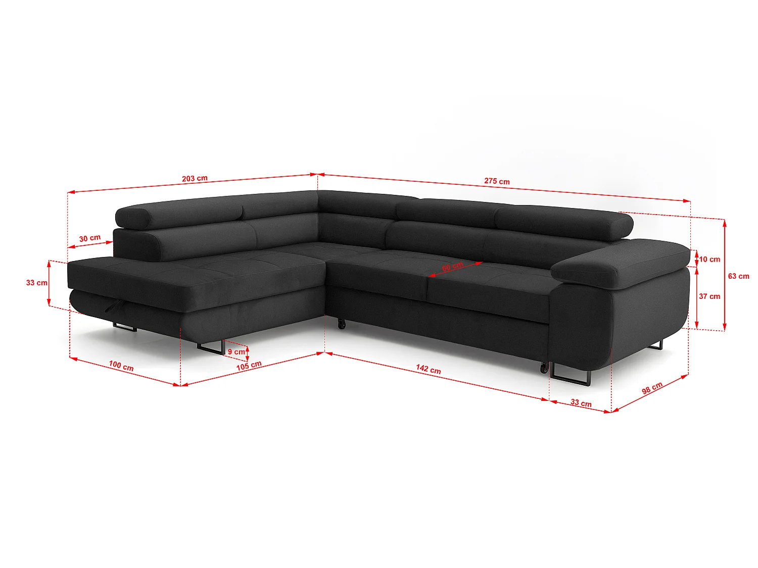ECKSOFA Velmo mit Bettkasten und Schlaffunktion, verstellbaren Kopfstützen, in L-Form