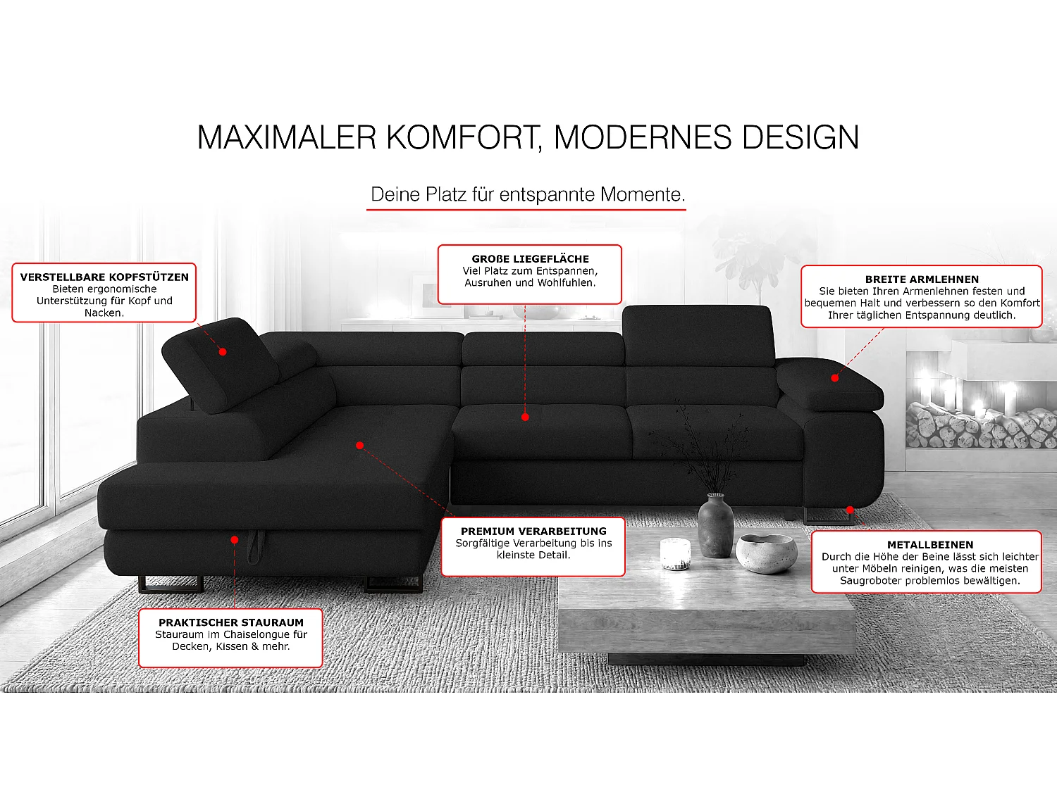 ECKSOFA Velmo mit Bettkasten und Schlaffunktion, verstellbaren Kopfstützen, in L-Form