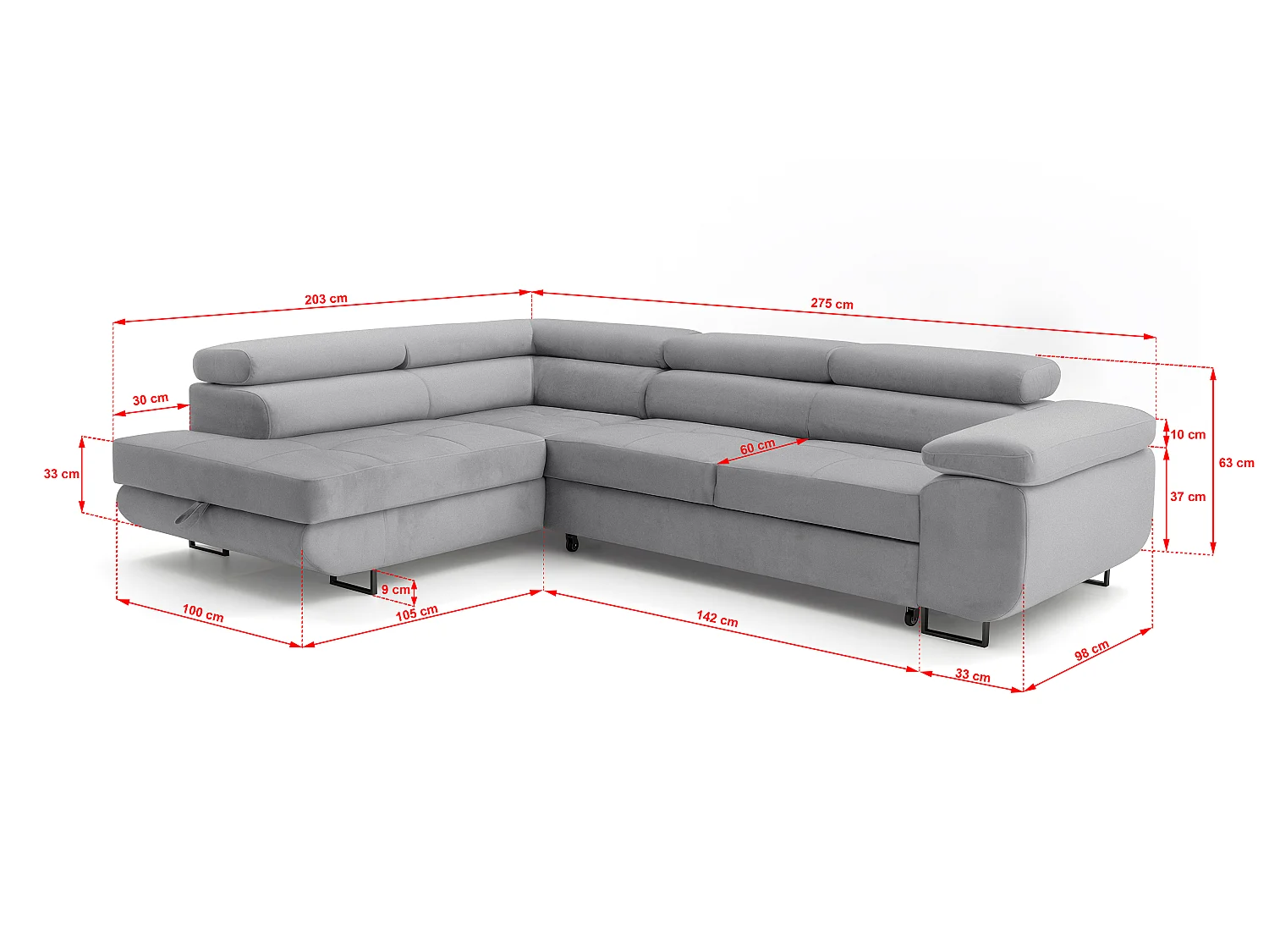 ECKSOFA Velmo mit Bettkasten und Schlaffunktion, verstellbaren Kopfstützen, in L-Form