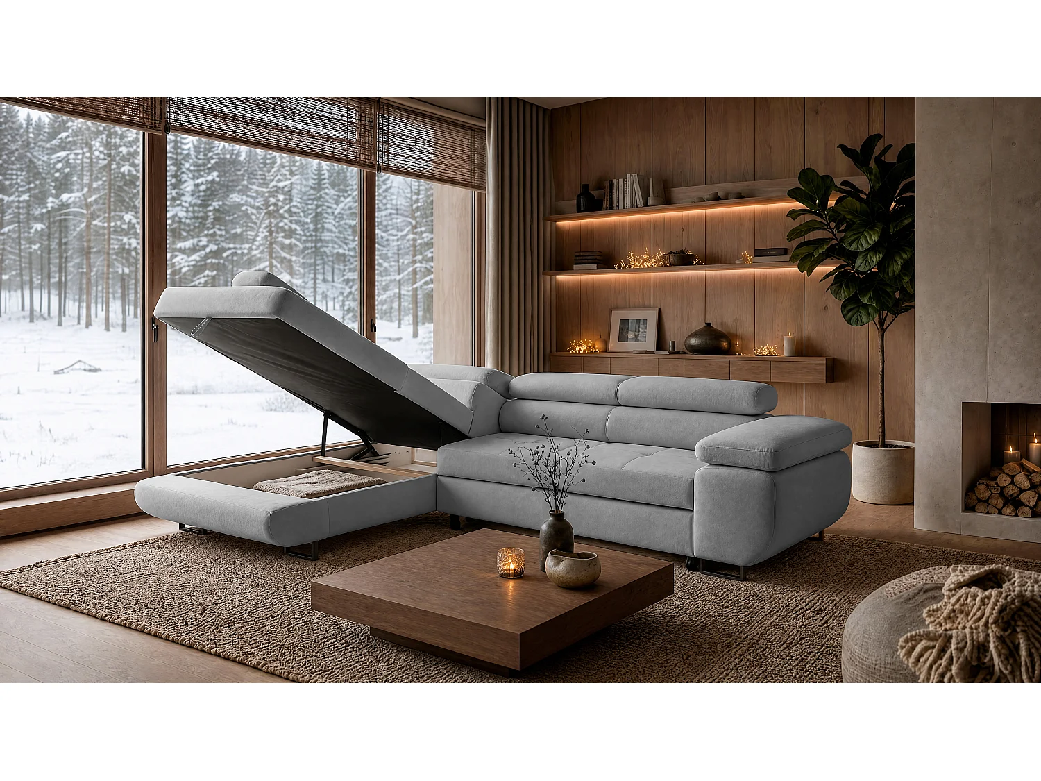 ECKSOFA Velmo mit Bettkasten und Schlaffunktion, verstellbaren Kopfstützen, in L-Form