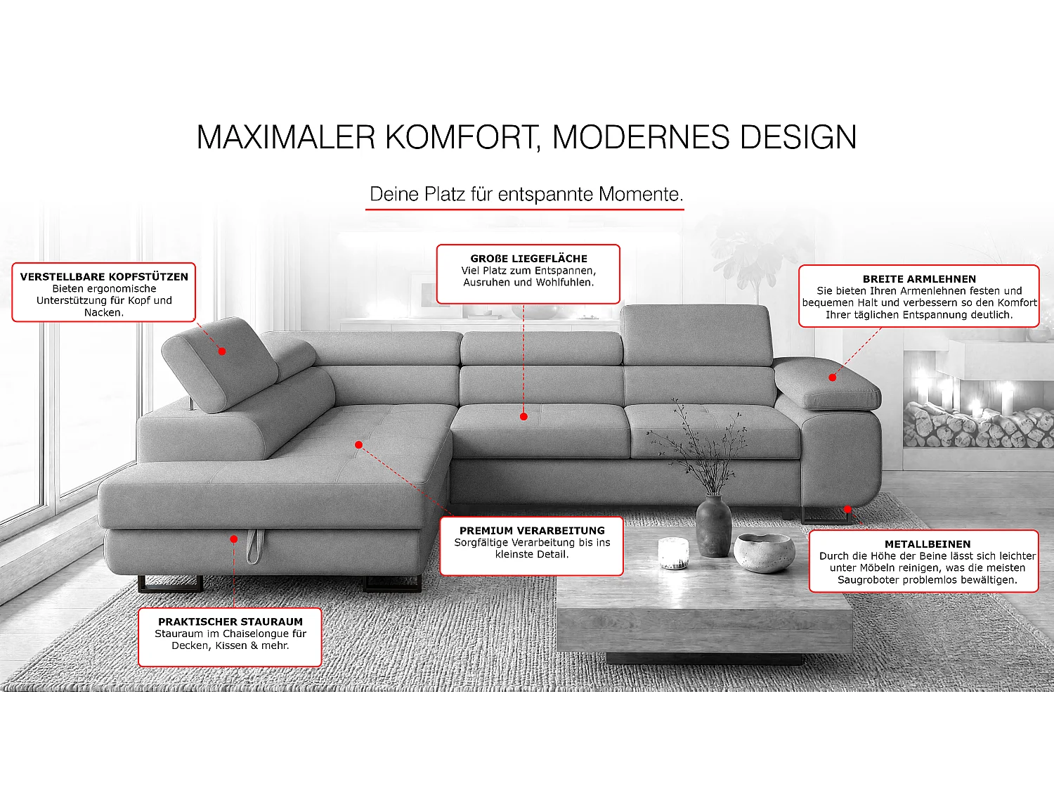 ECKSOFA Velmo mit Bettkasten und Schlaffunktion, verstellbaren Kopfstützen, in L-Form