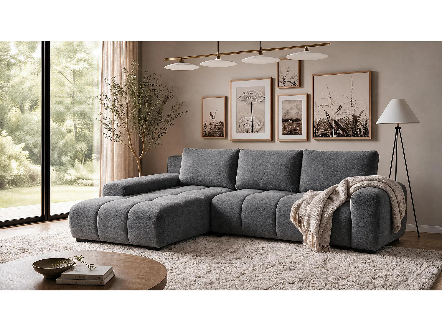 ECKSOFA Ovia mit Bettkasten und Schlaffunktion, Bouclé-Stoff in L-Form