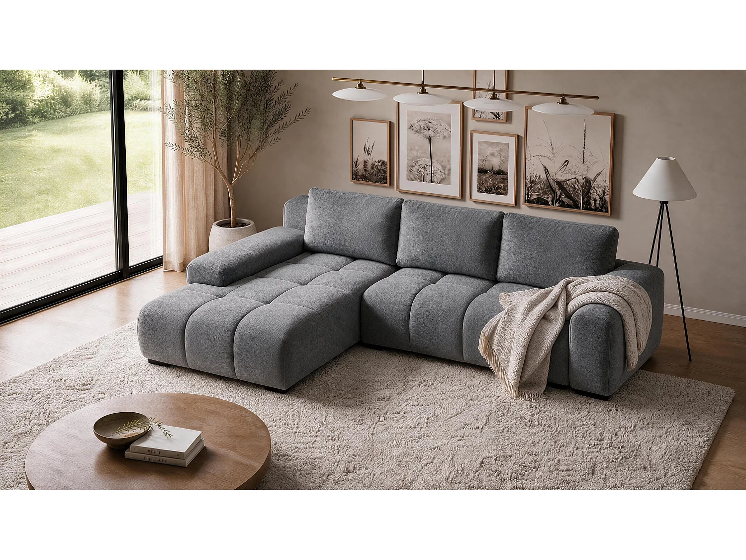 ECKSOFA Ovia mit Bettkasten und Schlaffunktion, Bouclé-Stoff in L-Form