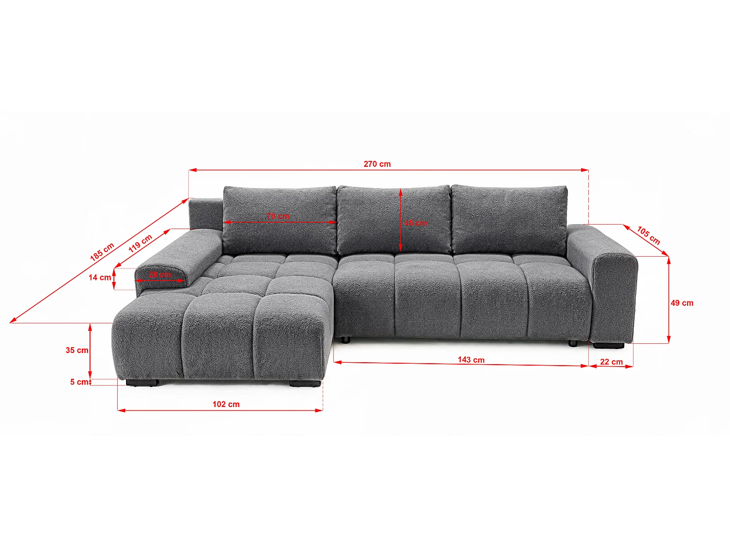 ECKSOFA Ovia mit Bettkasten und Schlaffunktion, Bouclé-Stoff in L-Form