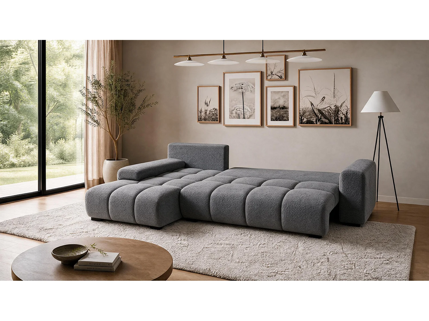 ECKSOFA Ovia mit Bettkasten und Schlaffunktion, Bouclé-Stoff in L-Form