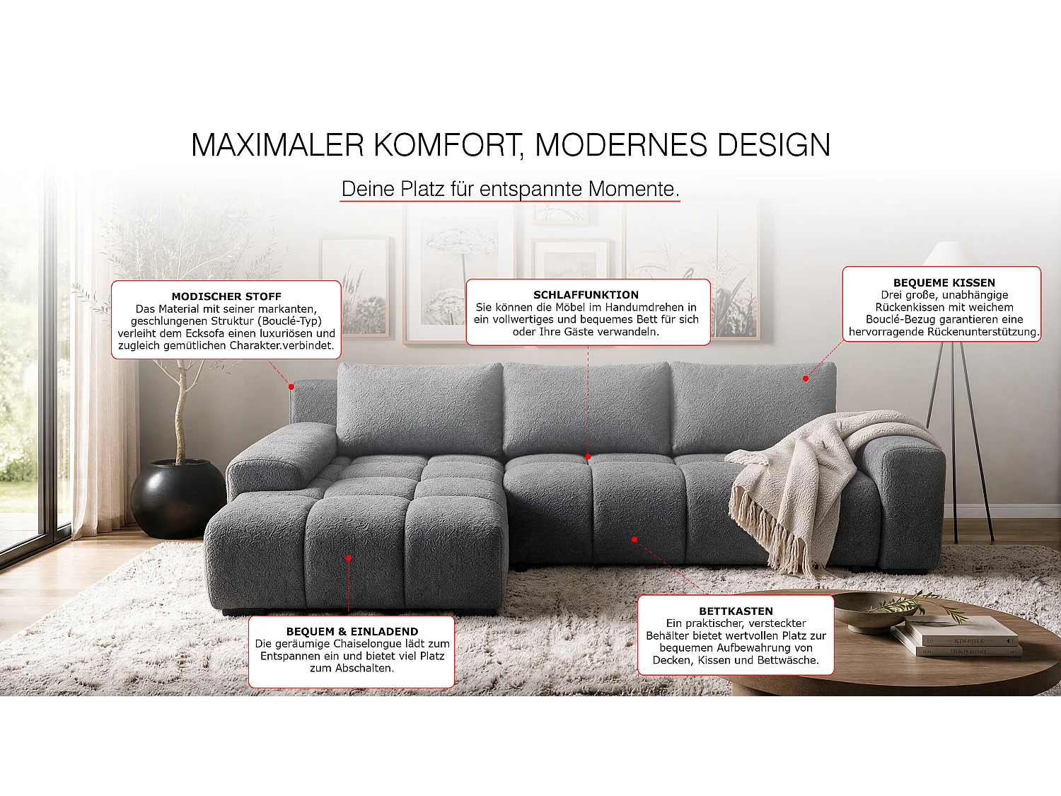 ECKSOFA Ovia mit Bettkasten und Schlaffunktion, Bouclé-Stoff in L-Form