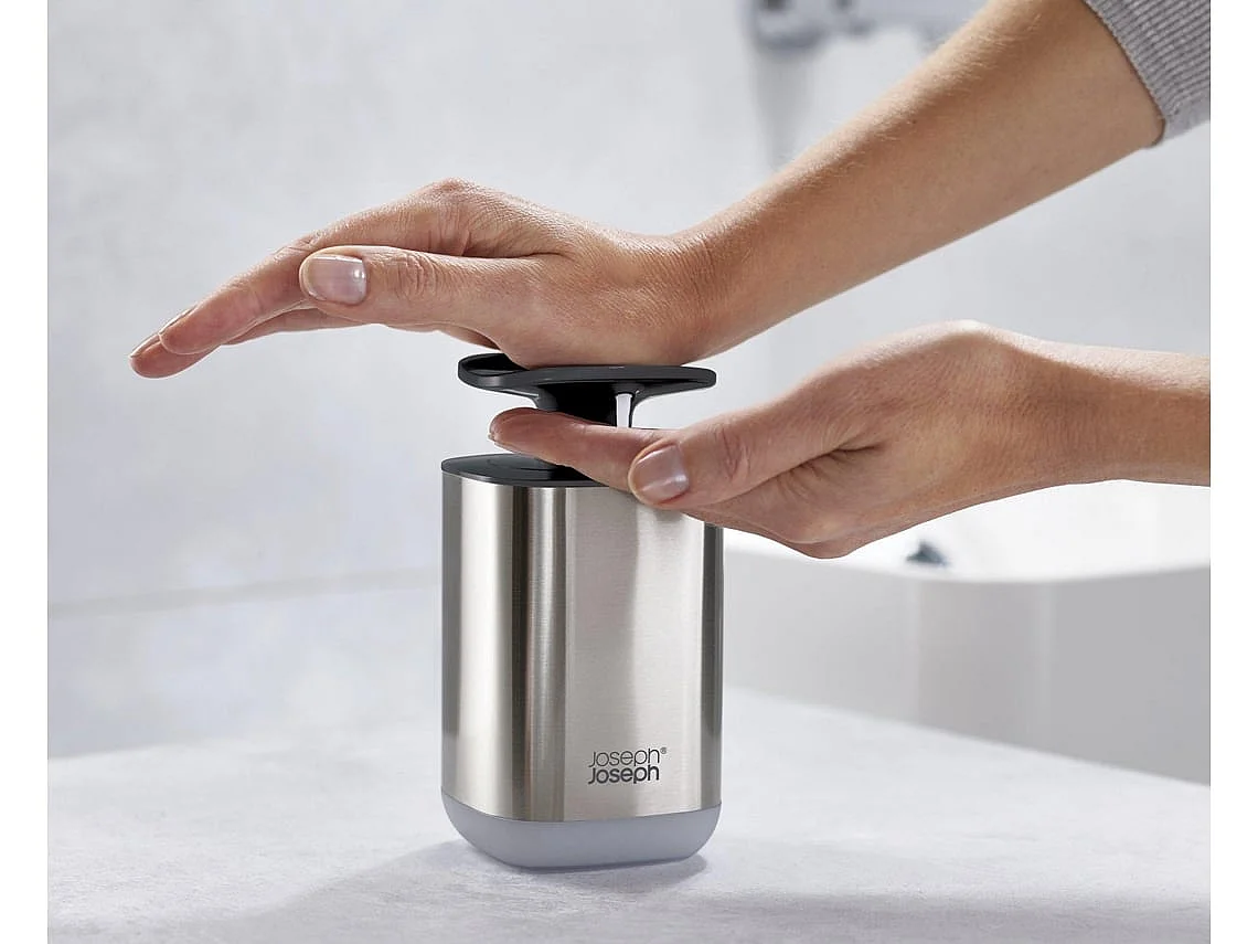 Presto™ Joseph Joseph, distributeur de savon hygiénique 350 ml en acier inoxydable, utilisation au poignet, finition grise, idéal cuisine/salle de bain