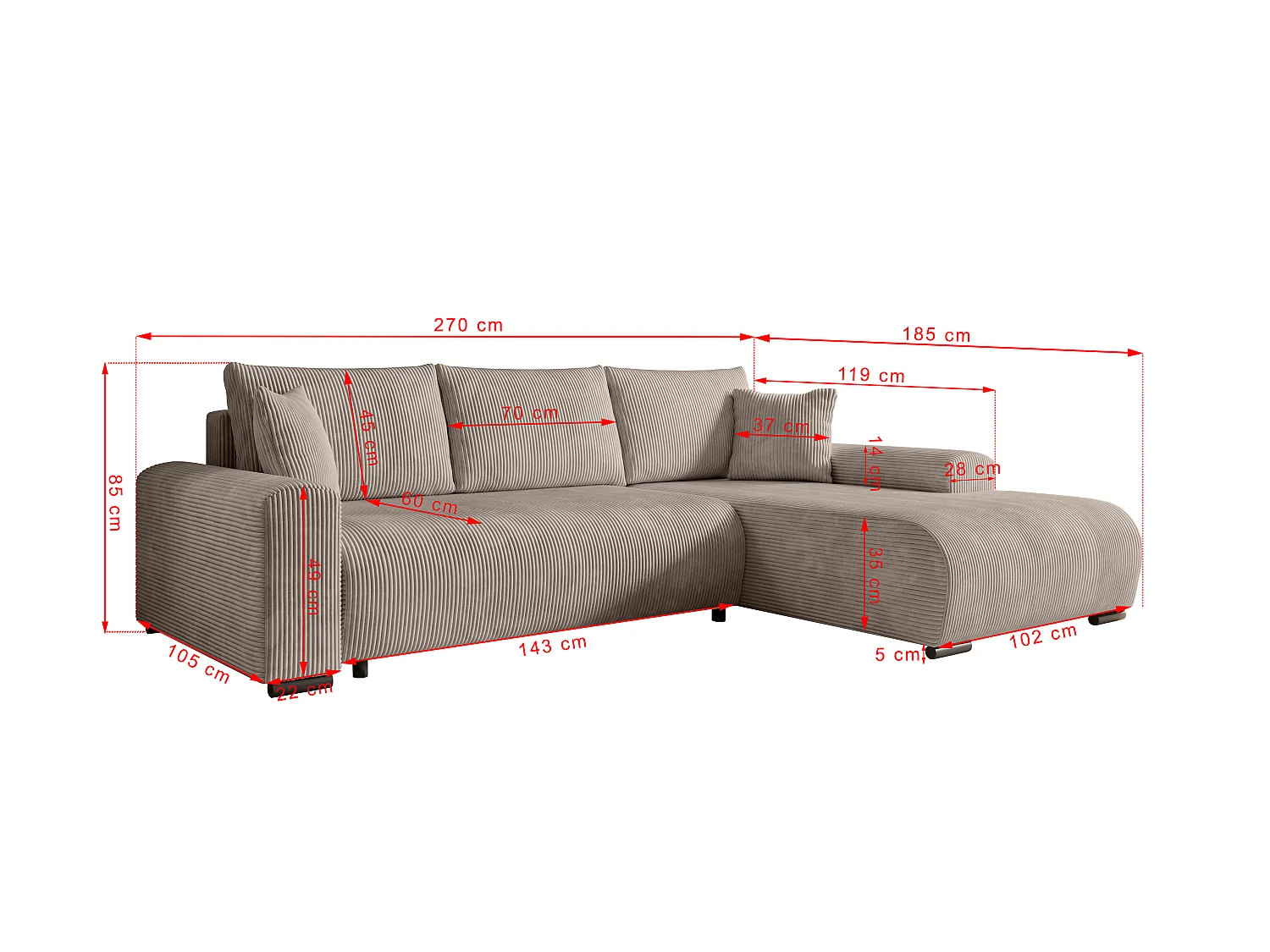 ECKSOFA Nelly mit Bettkasten und Schlaffunktion, Cordstoff in L-Form