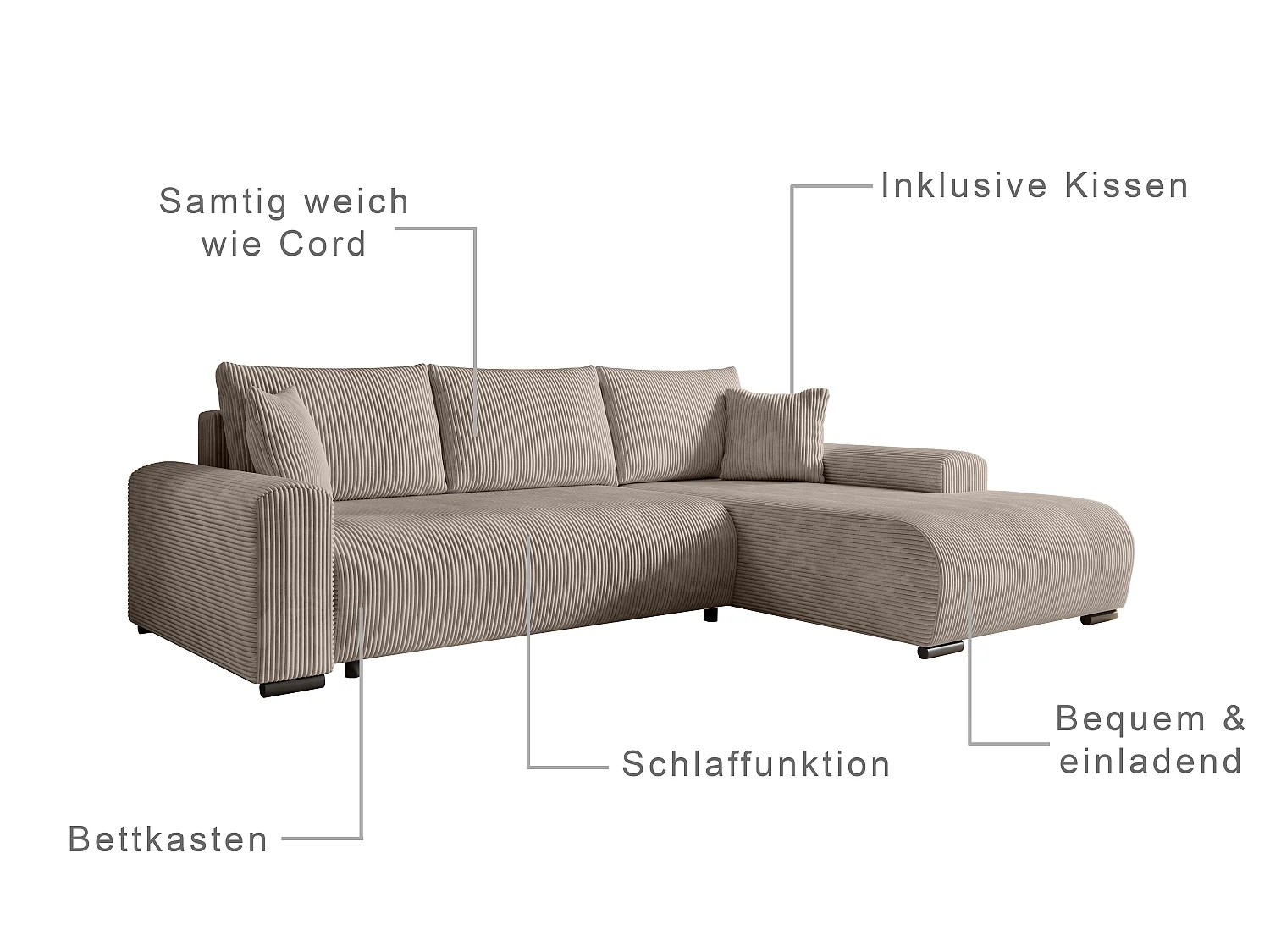 ECKSOFA Nelly mit Bettkasten und Schlaffunktion, Cordstoff in L-Form