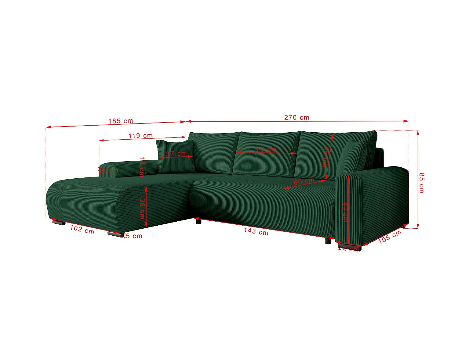 ECKSOFA Nelly mit Bettkasten und Schlaffunktion, Cordstoff in L-Form