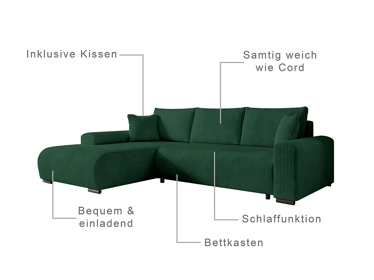 ECKSOFA Nelly mit Bettkasten und Schlaffunktion, Cordstoff in L-Form