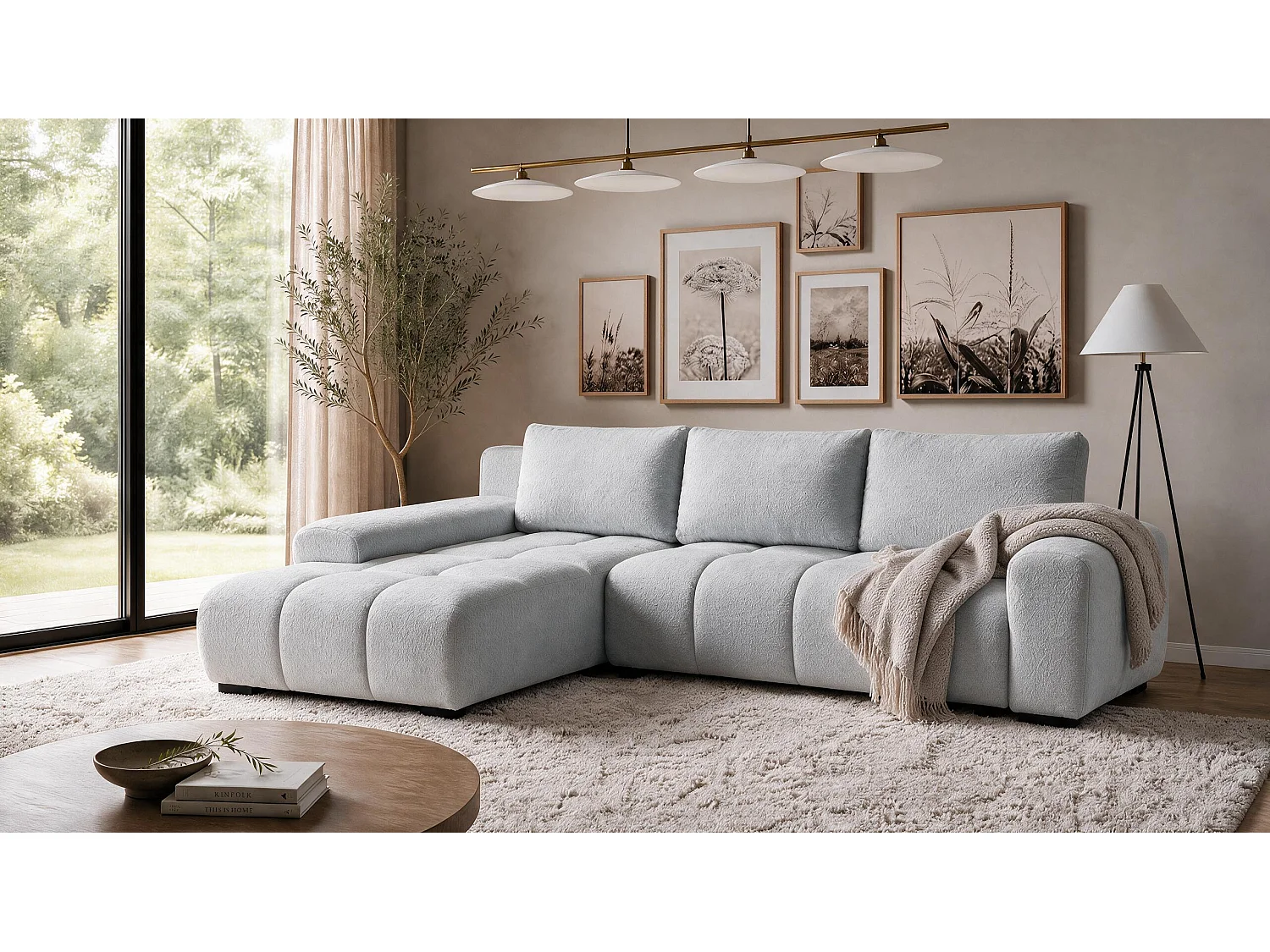 ECKSOFA Ovia mit Bettkasten und Schlaffunktion, Bouclé-Stoff in L-Form